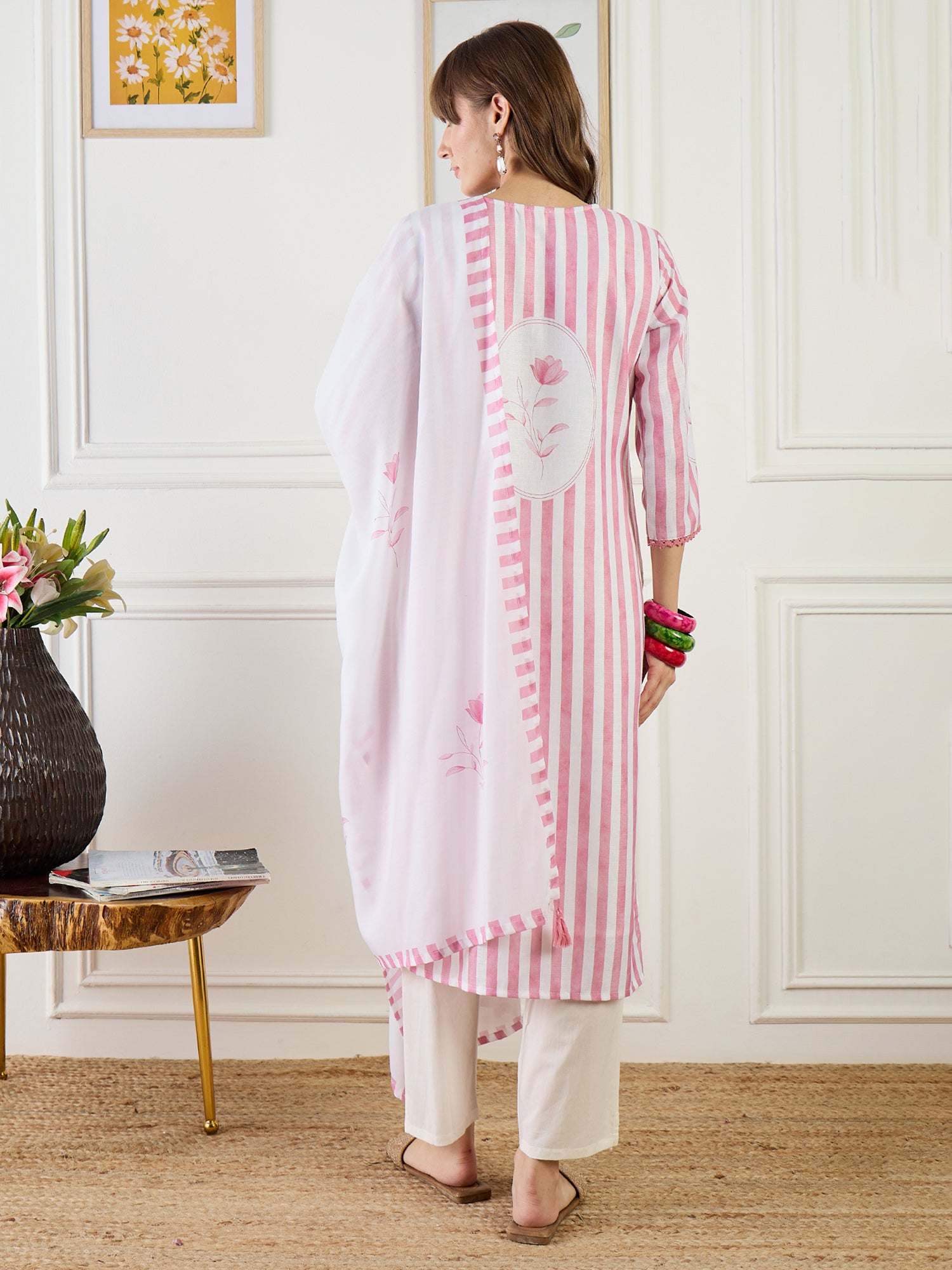 Indo Era Pink Printed Straight Kurta Trousers With Dupatta Set- IE