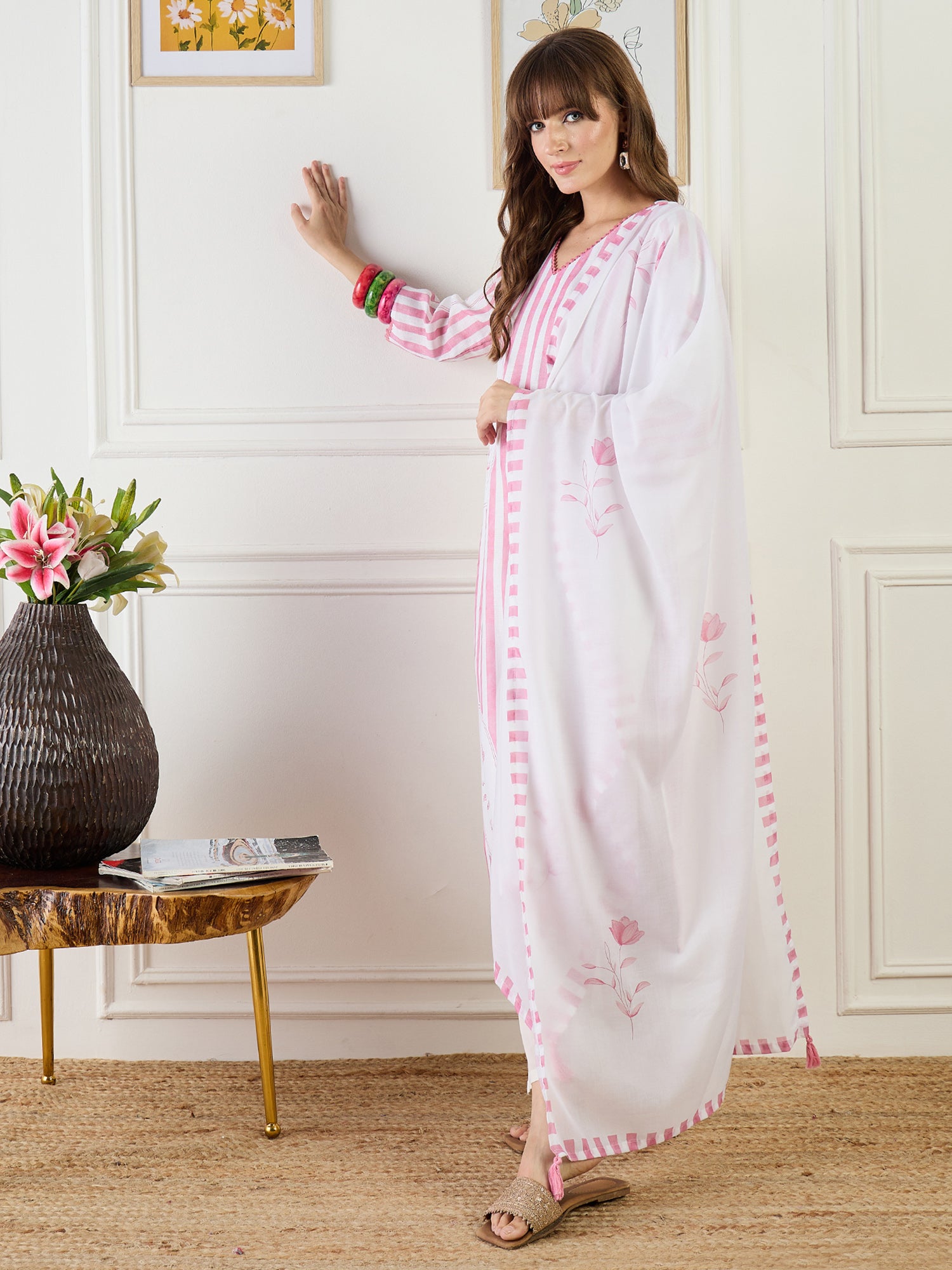 Indo Era Pink Printed Straight Kurta Trousers With Dupatta Set- IE