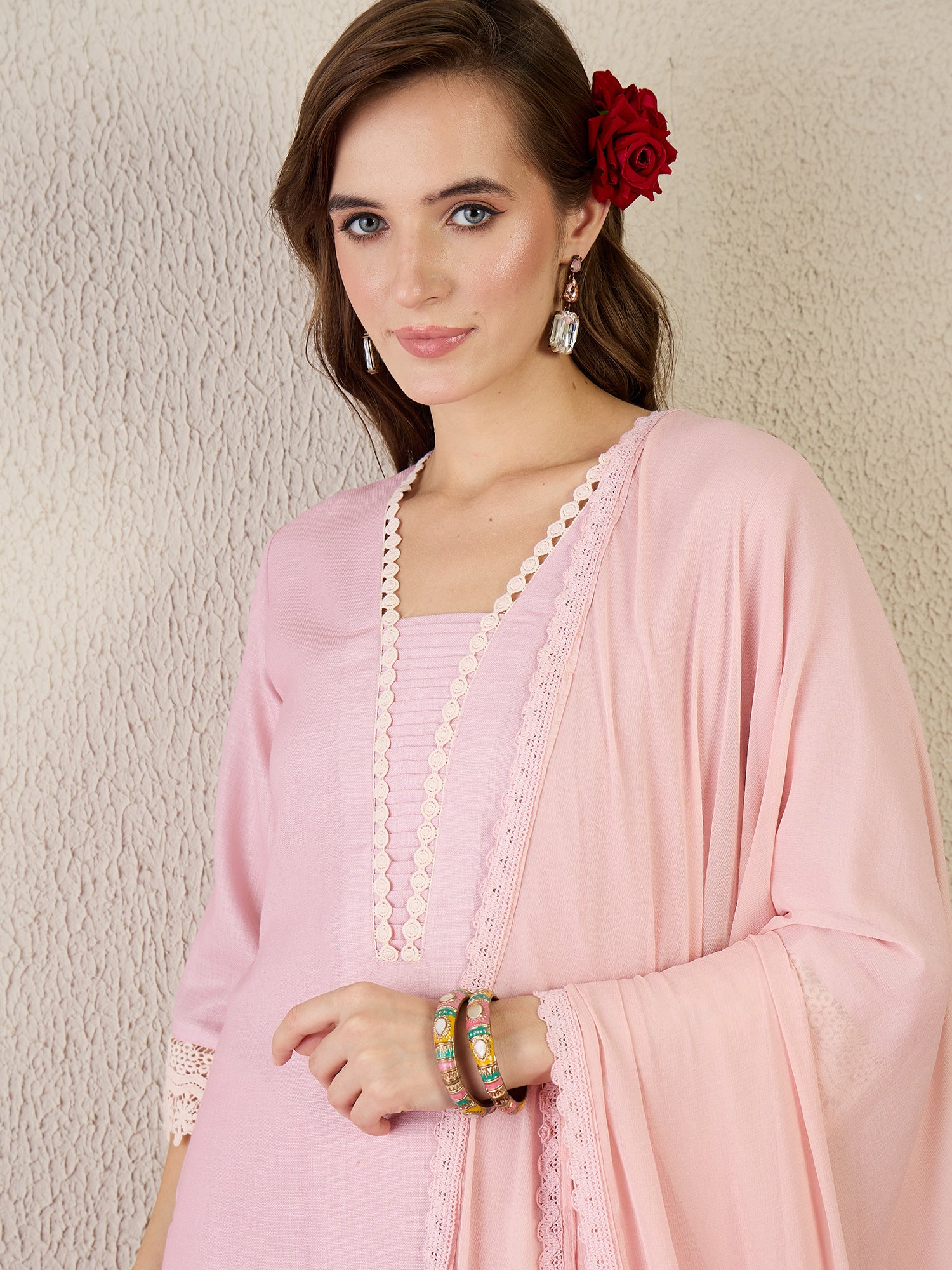 Indo Era Pink Printed Straight Kurta Trousers With Dupatta Set- IE