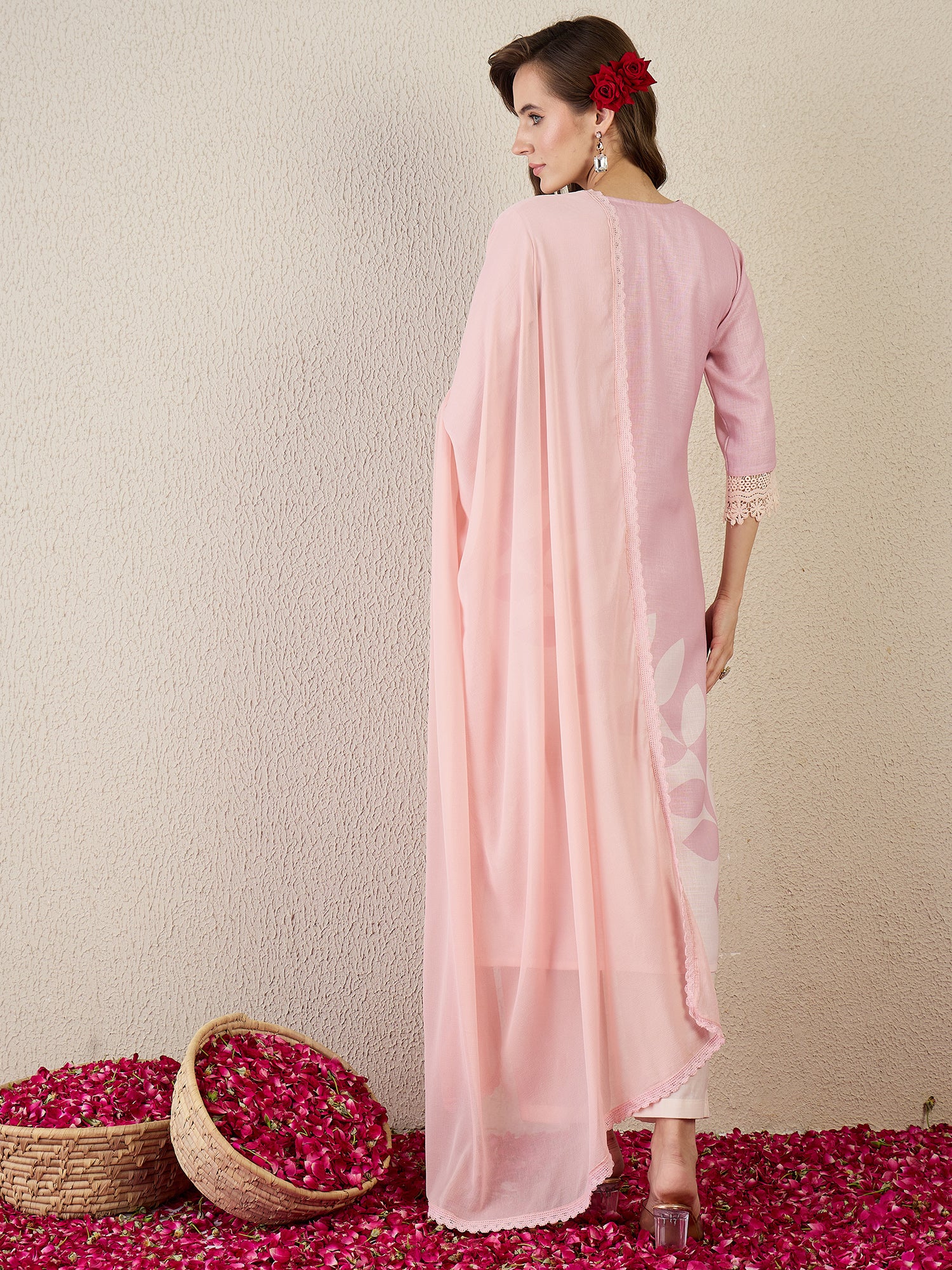 Indo Era Pink Printed Straight Kurta Trousers With Dupatta Set- IE