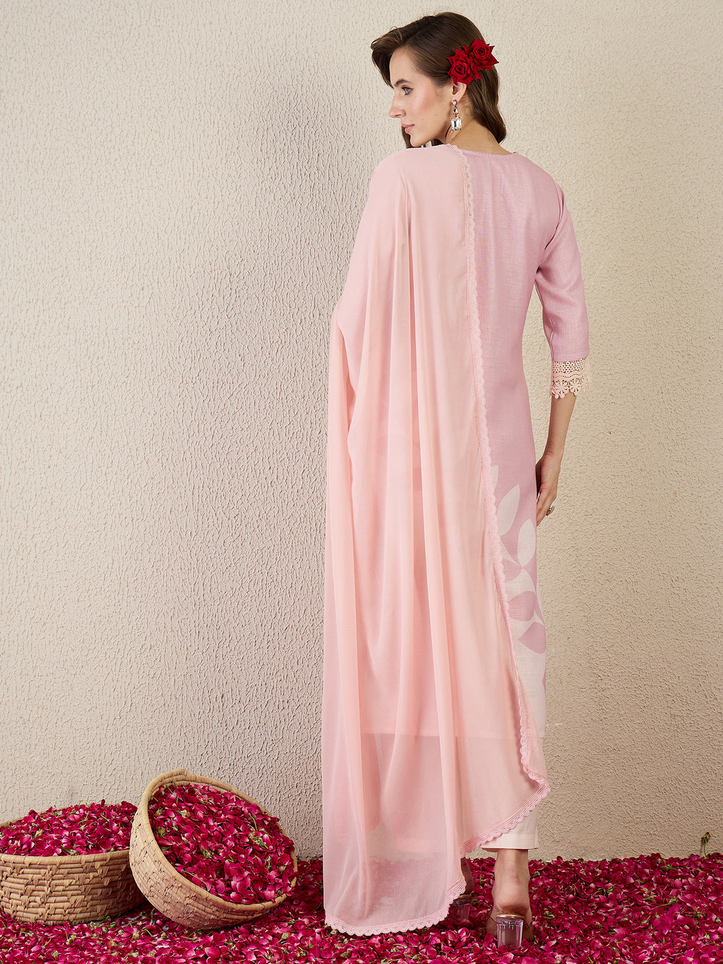 Indo Era Pink Printed Straight Kurta Trousers With Dupatta Set- IE