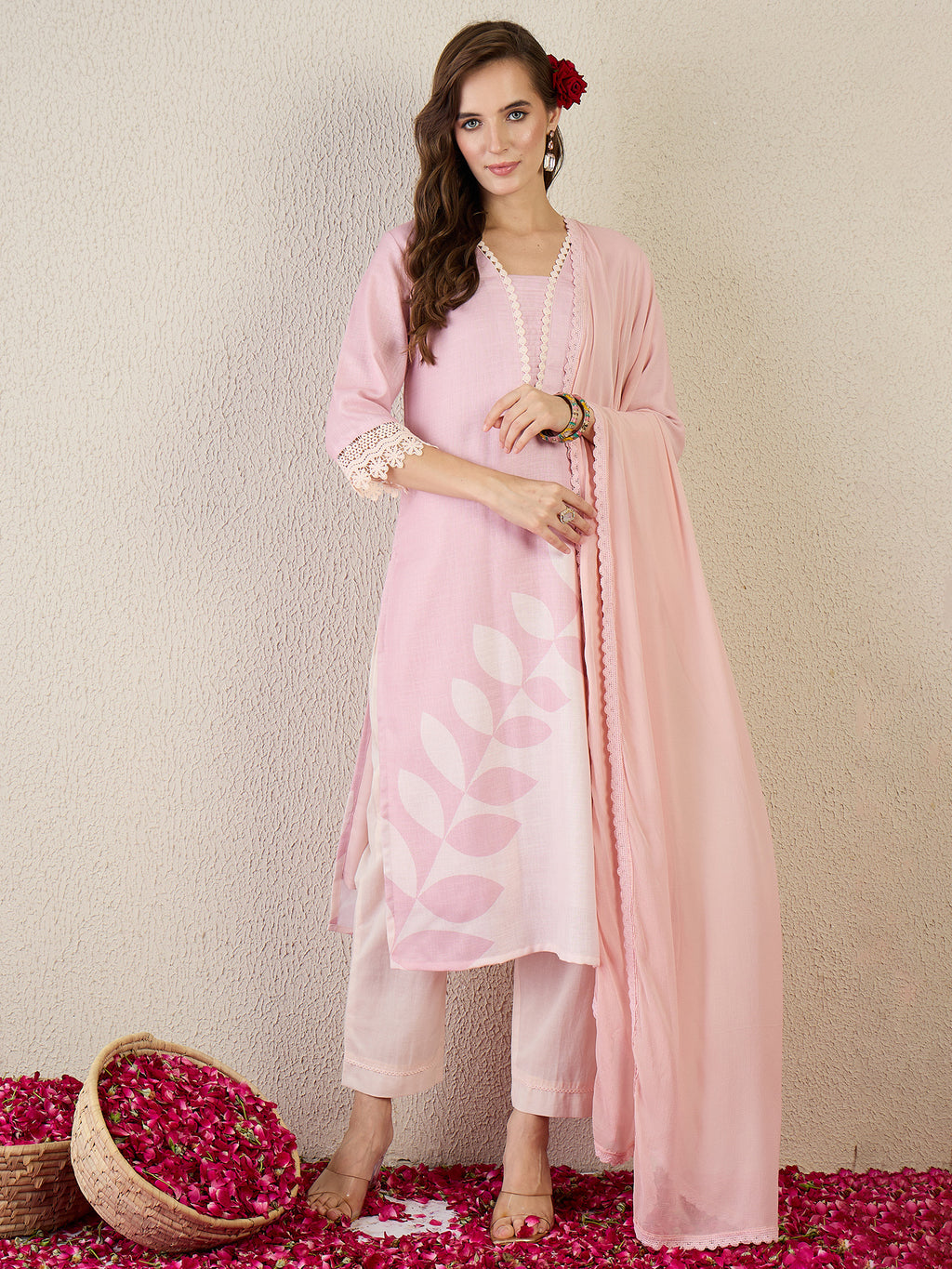 Indo Era Pink Printed Straight Kurta Trousers With Dupatta Set- IE