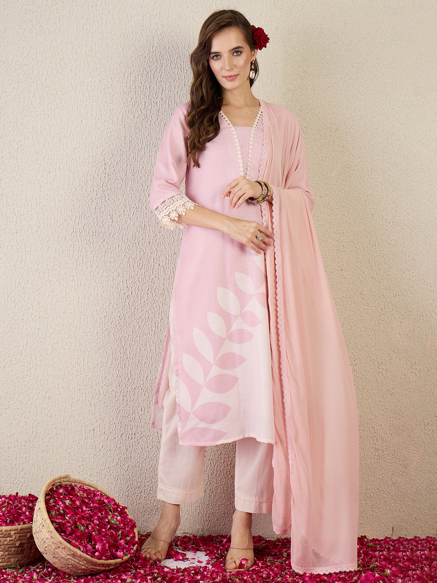 Indo Era Pink Printed Straight Kurta Trousers With Dupatta Set- IE