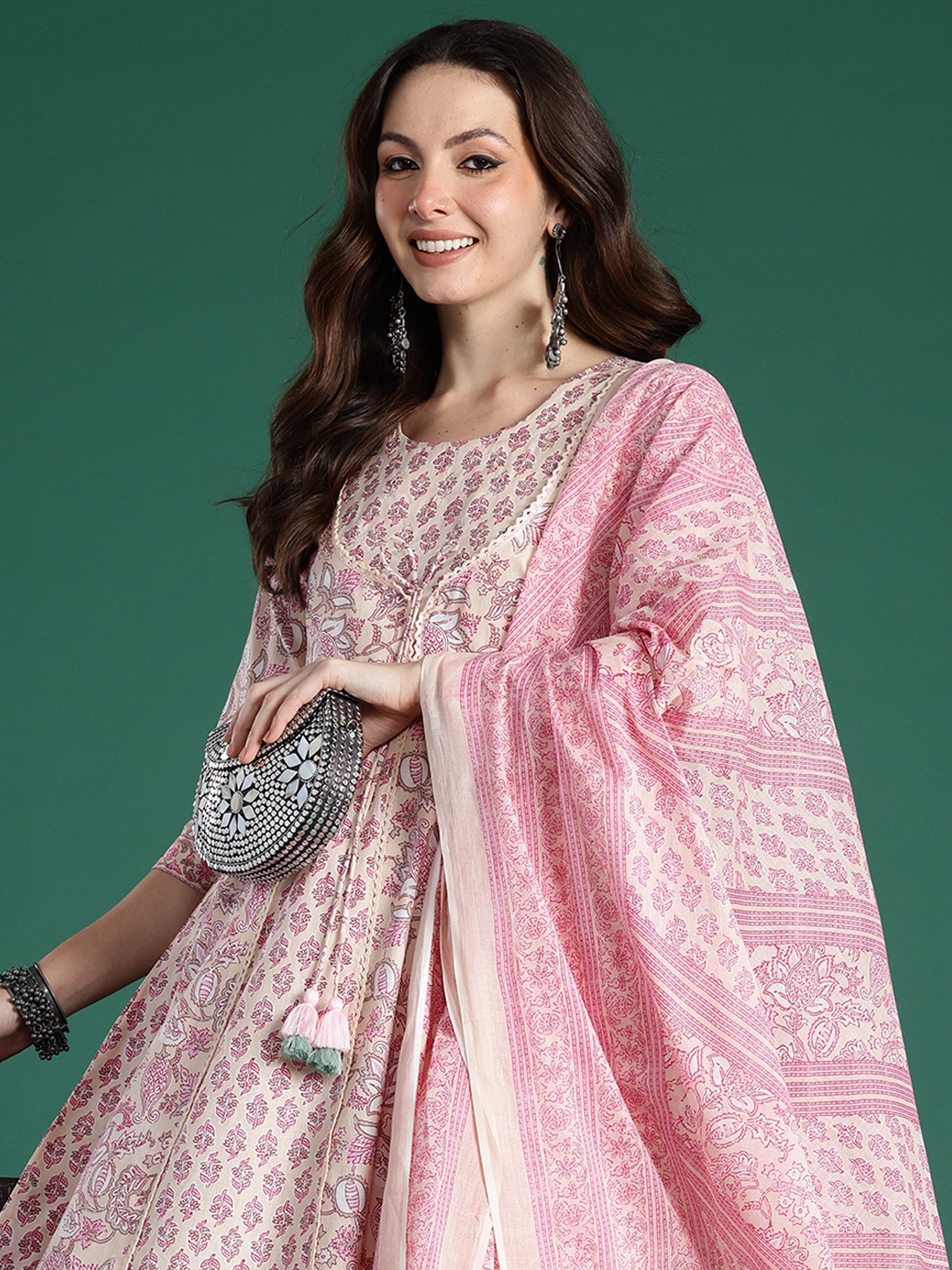 Indo Era Pink Printed Straight Kurta Trousers With Dupatta Set- IE