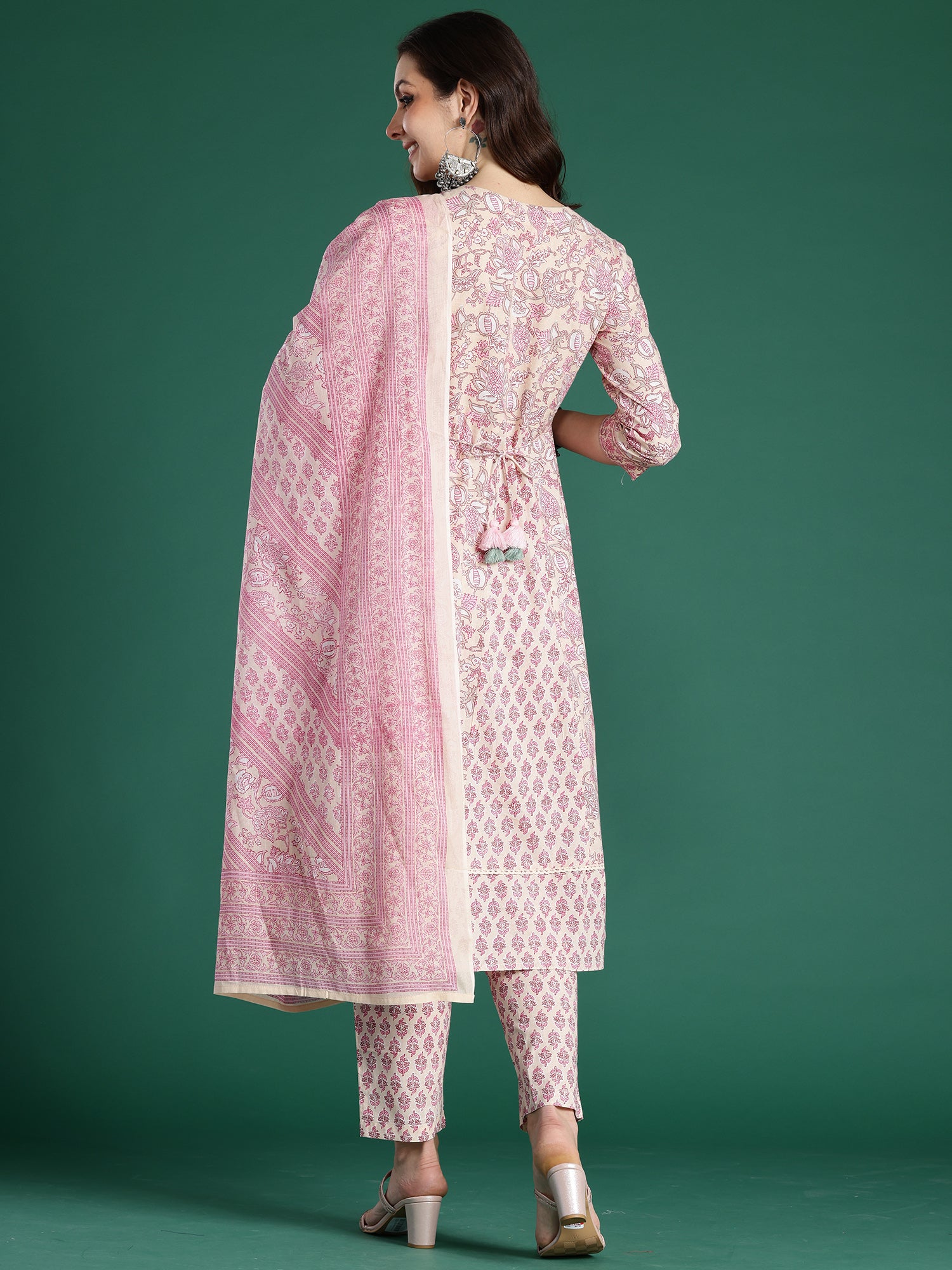 Indo Era Pink Printed Straight Kurta Trousers With Dupatta Set- IE