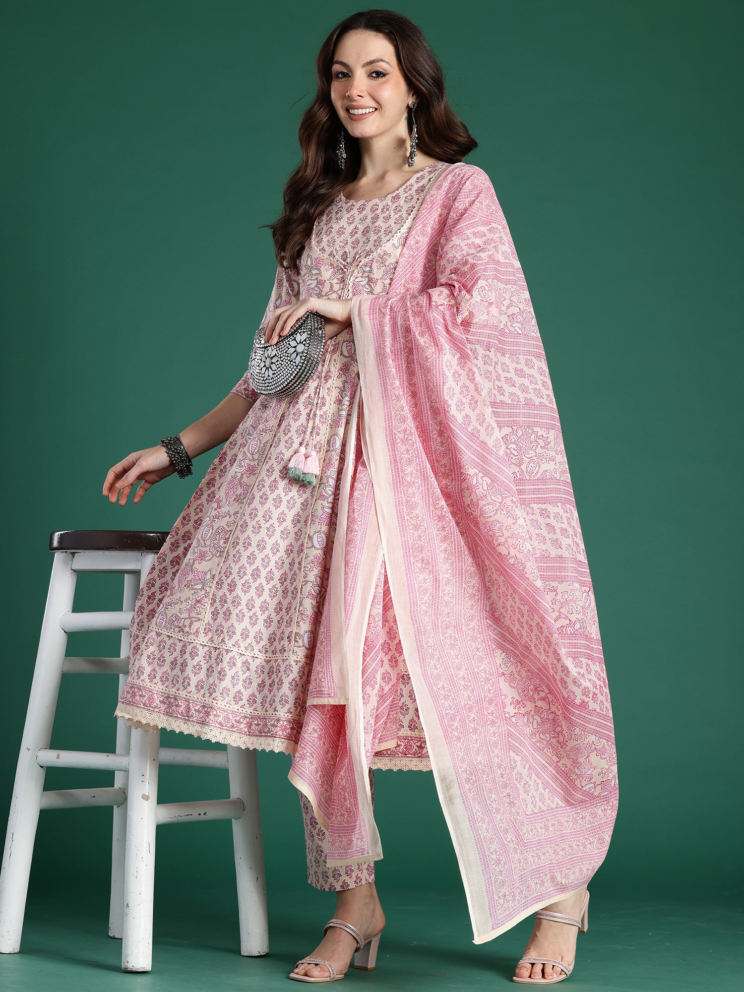 Indo Era Pink Printed Straight Kurta Trousers With Dupatta Set- IE