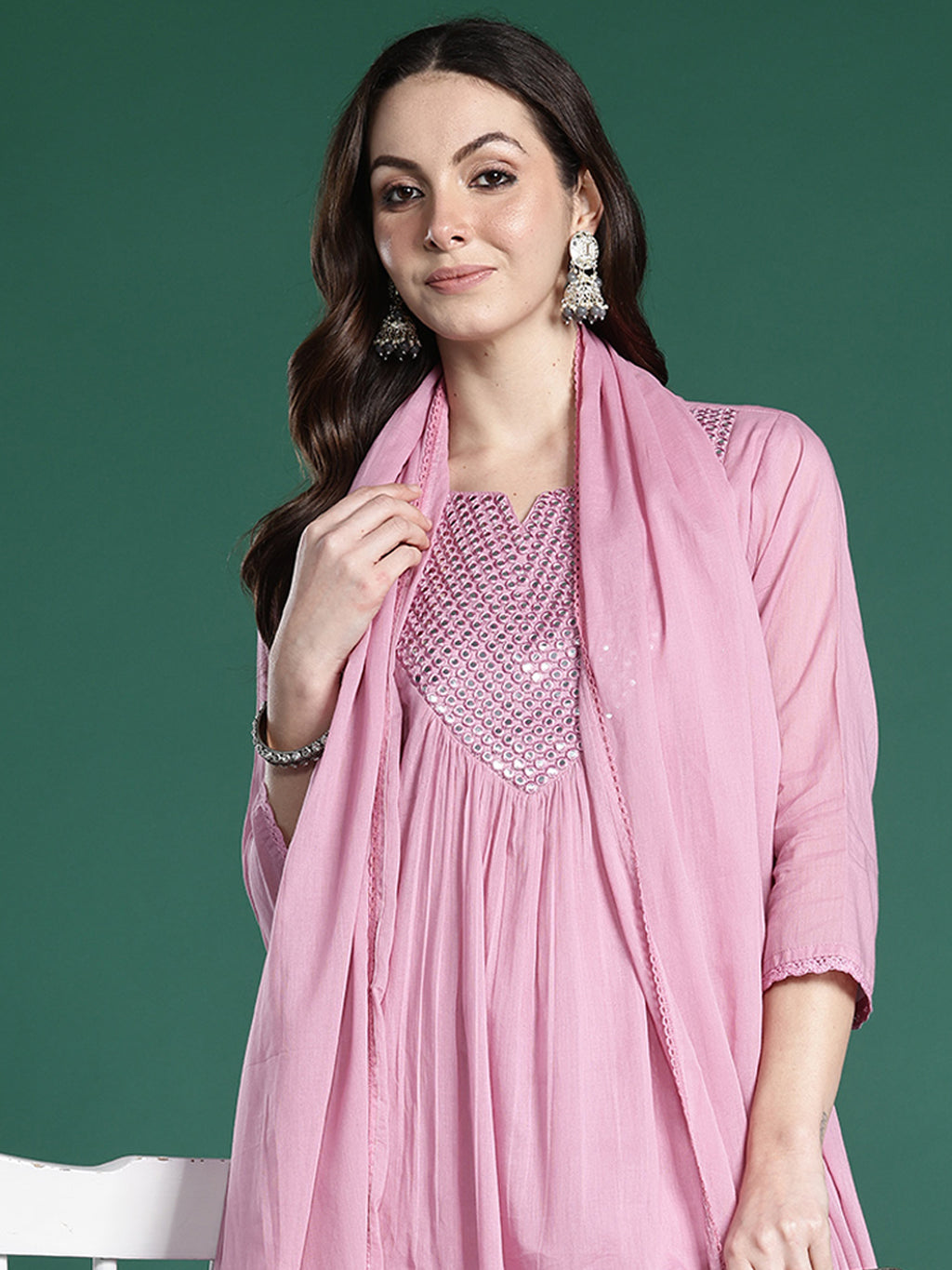 Indo Era Pink Embroidered A-Line Kurta Trousers With Dupatta Set- IE