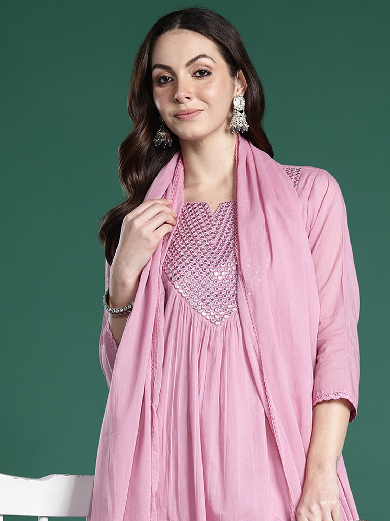 Indo Era Pink Embroidered A-Line Kurta Trousers With Dupatta Set- IE