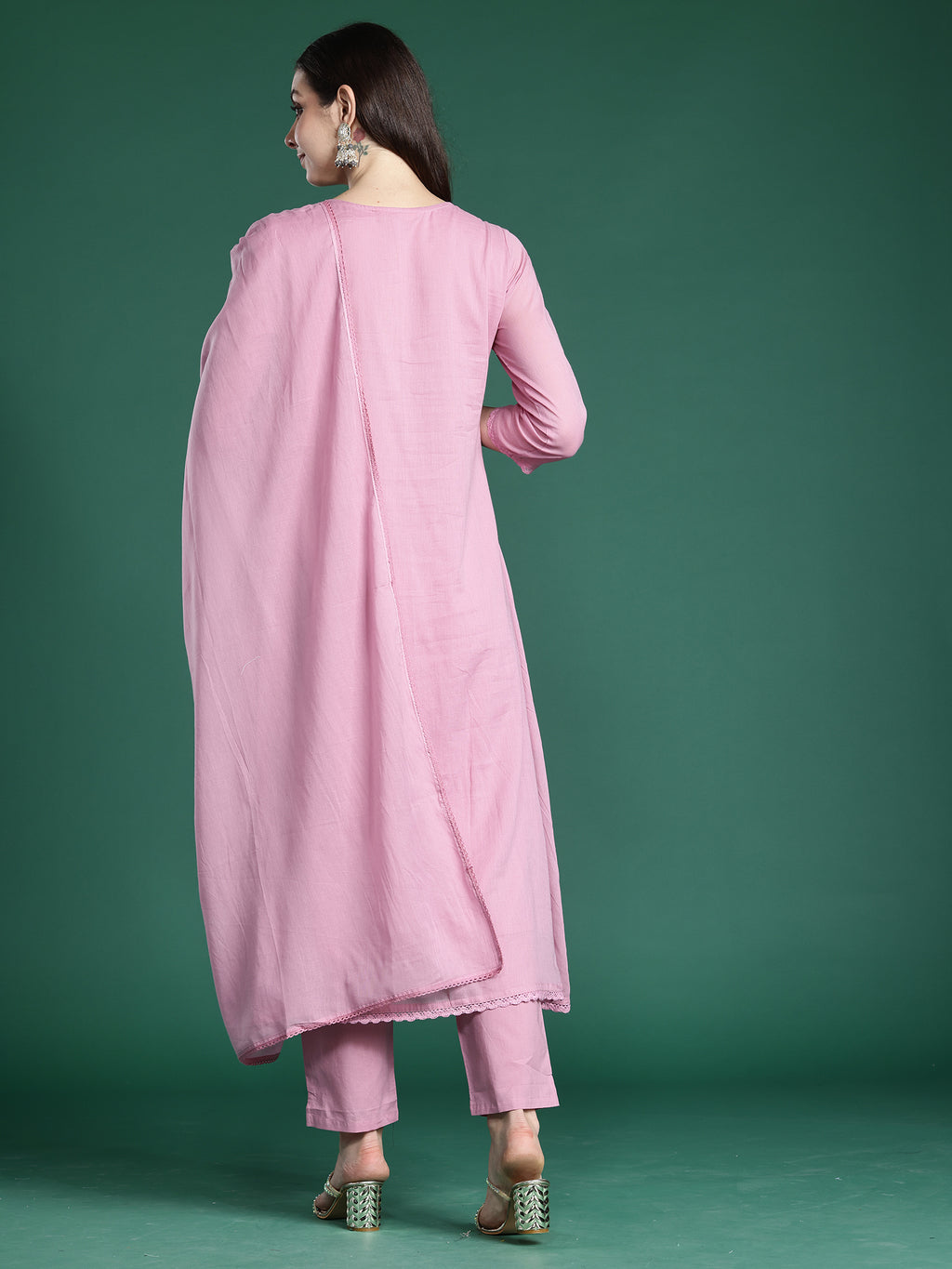 Indo Era Pink Embroidered A-Line Kurta Trousers With Dupatta Set- IE