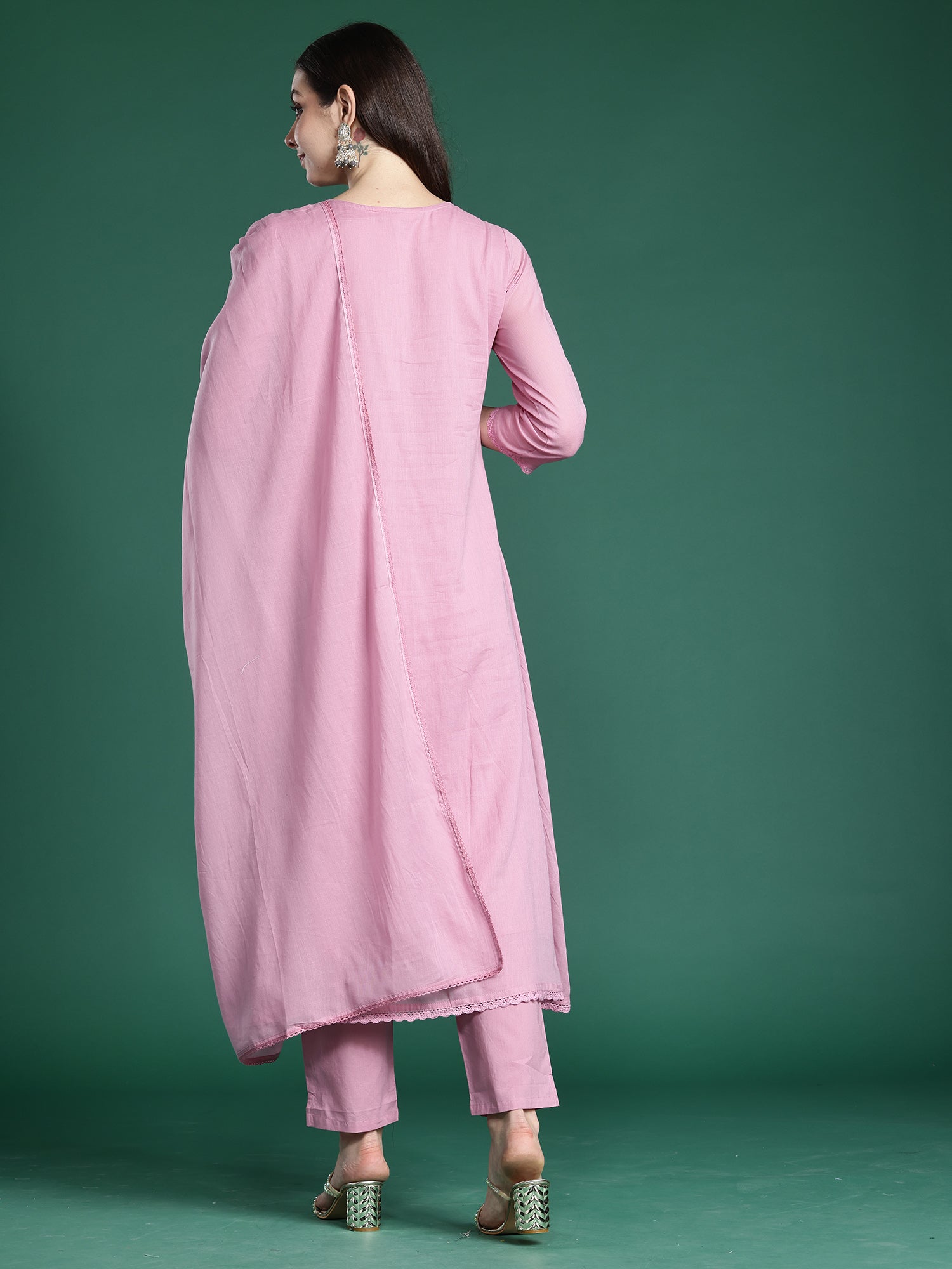 Indo Era Pink Embroidered A-Line Kurta Trousers With Dupatta Set- IE