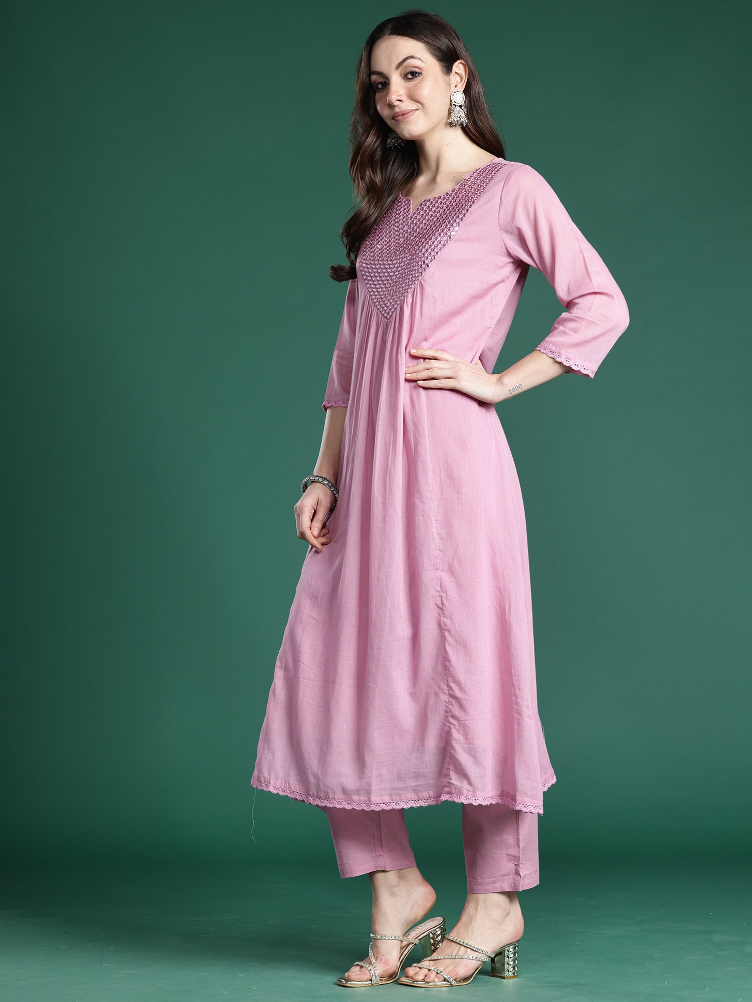 Indo Era Pink Embroidered A-Line Kurta Trousers With Dupatta Set- IE