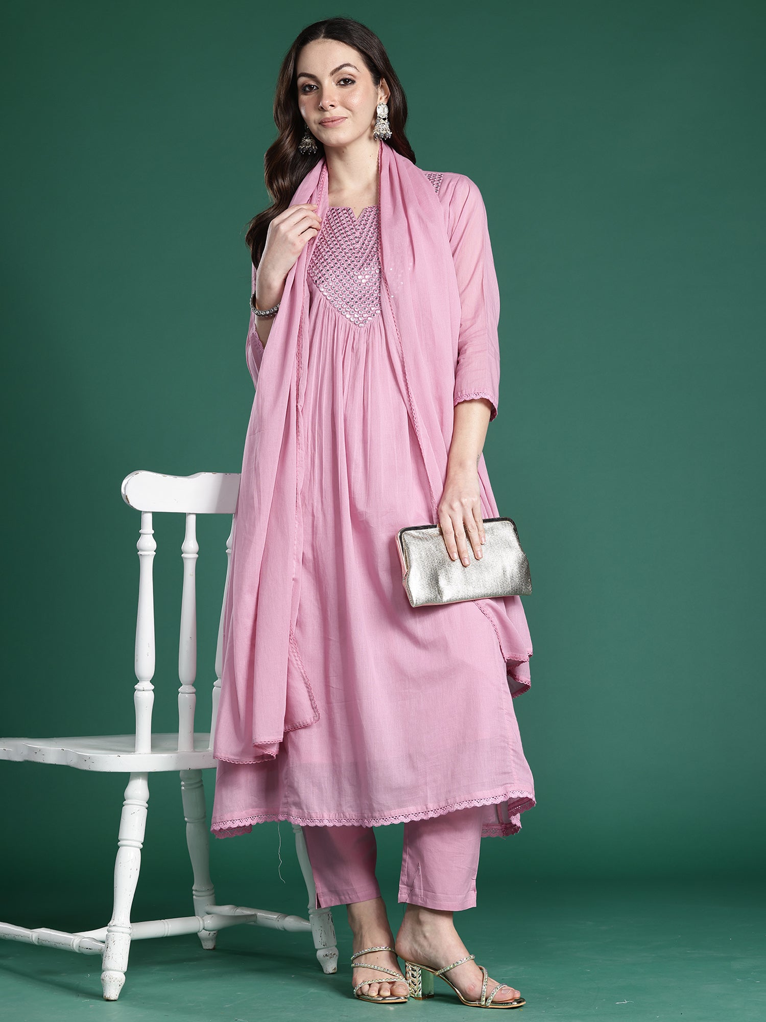 Indo Era Pink Embroidered A-Line Kurta Trousers With Dupatta Set- IE