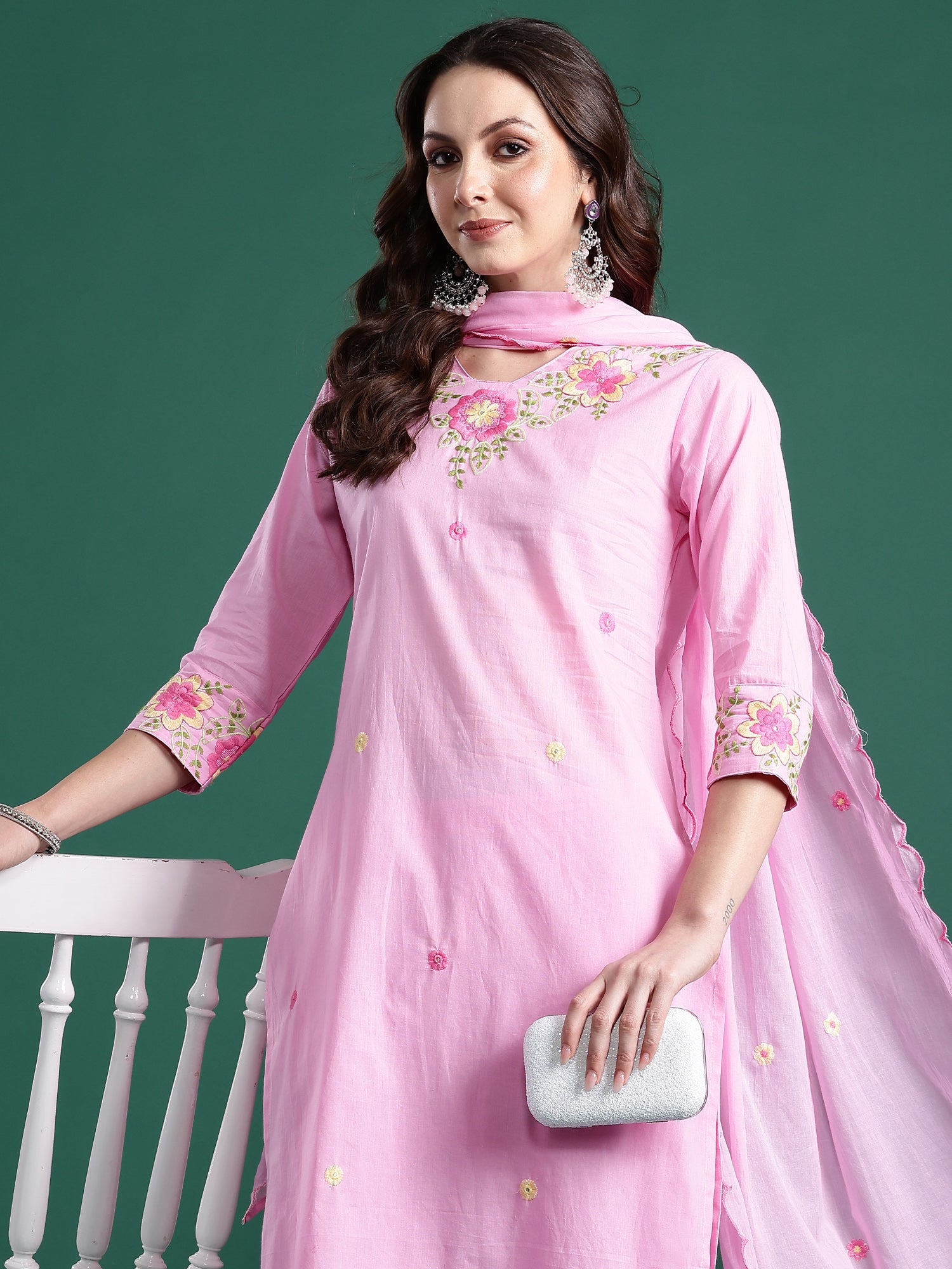 Indo Era Pink Embroidered Straight Kurta Trousers With Dupatta Set- IE