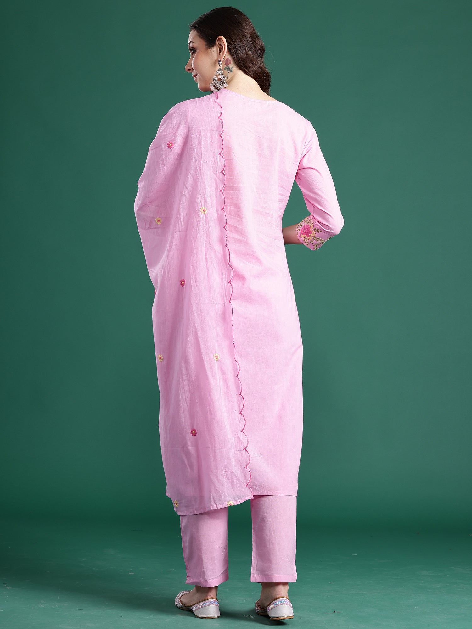 Indo Era Pink Embroidered Straight Kurta Trousers With Dupatta Set- IE