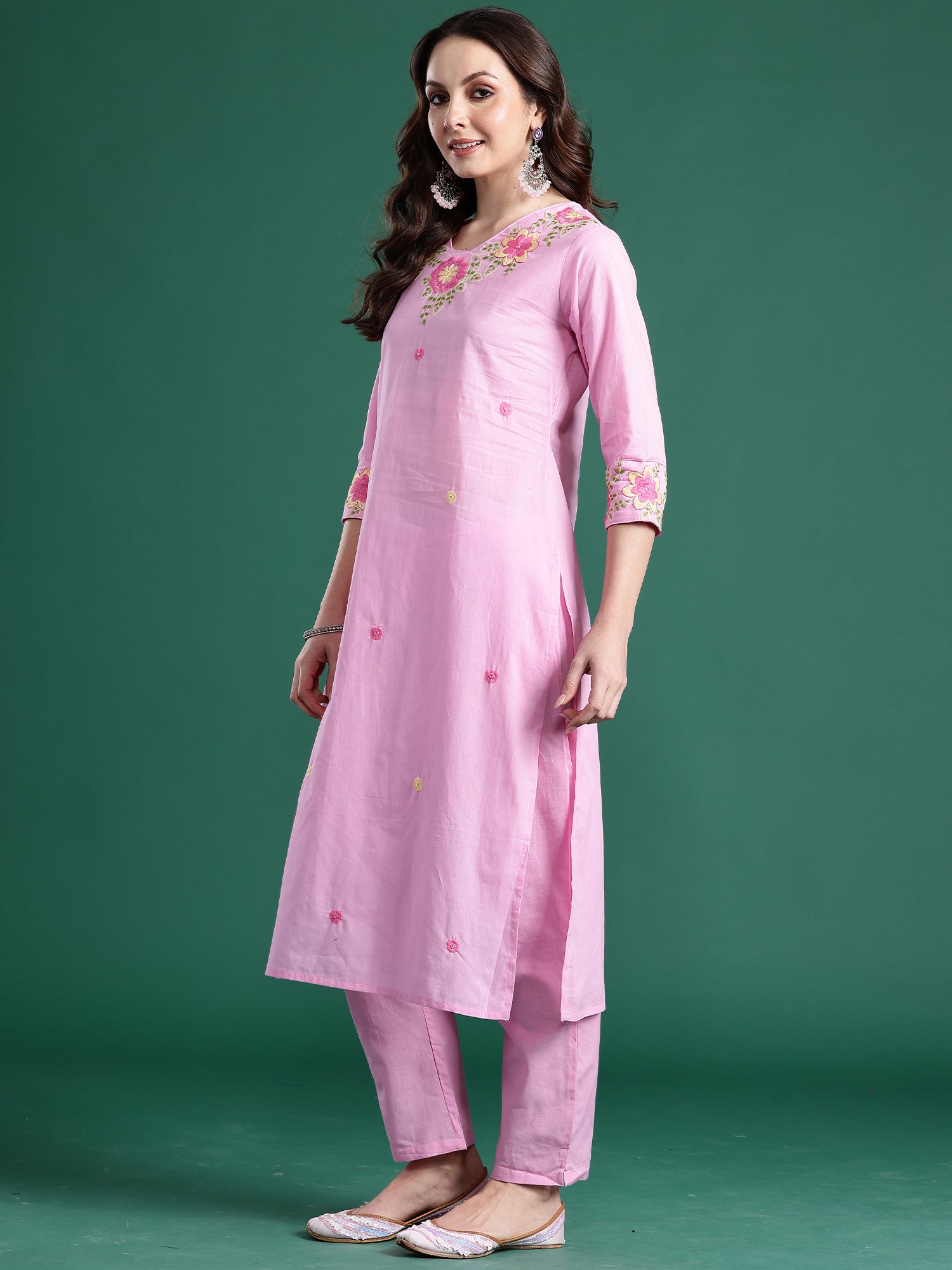 Indo Era Pink Embroidered Straight Kurta Trousers With Dupatta Set- IE