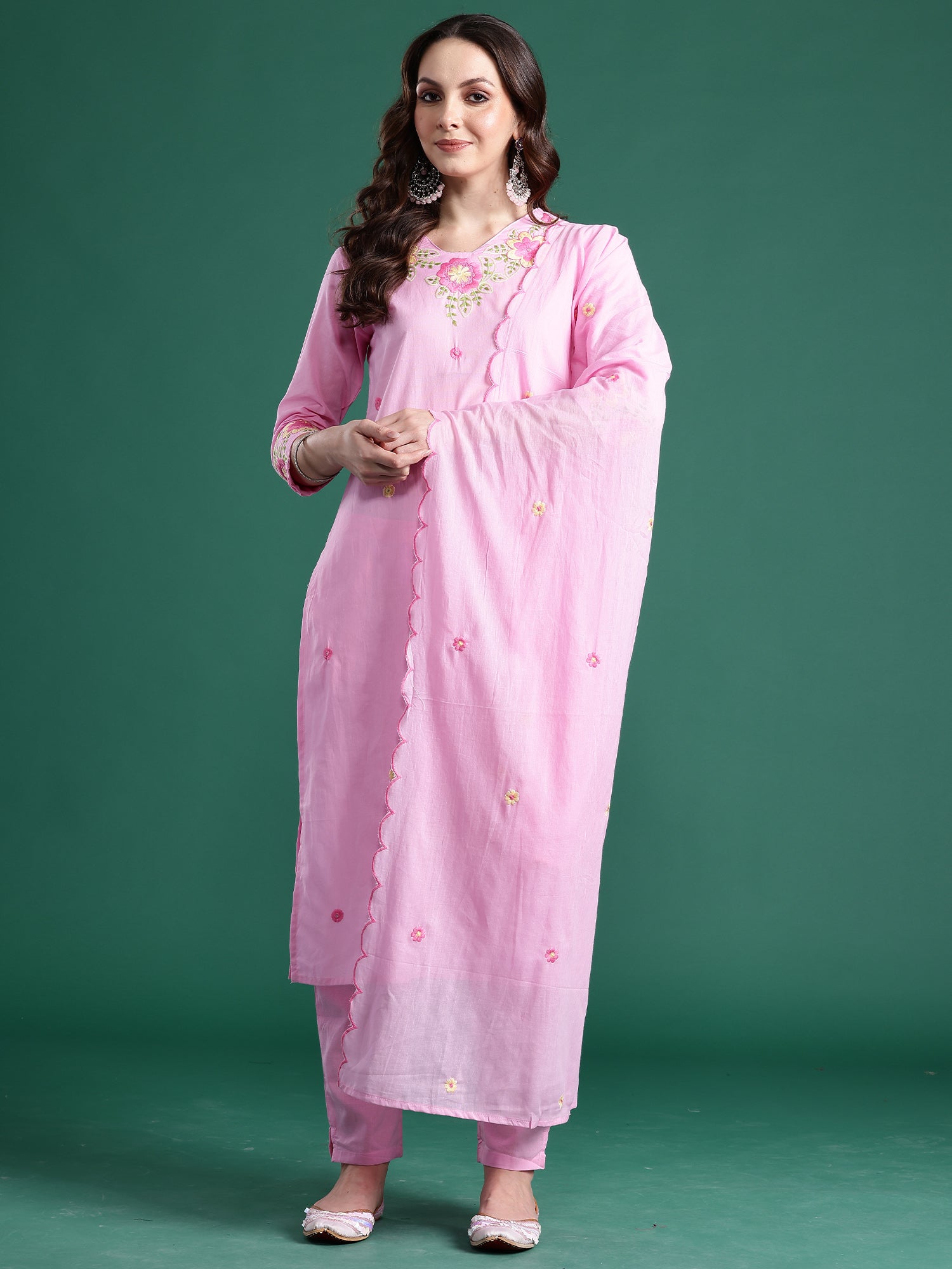 Indo Era Pink Embroidered Straight Kurta Trousers With Dupatta Set- IE