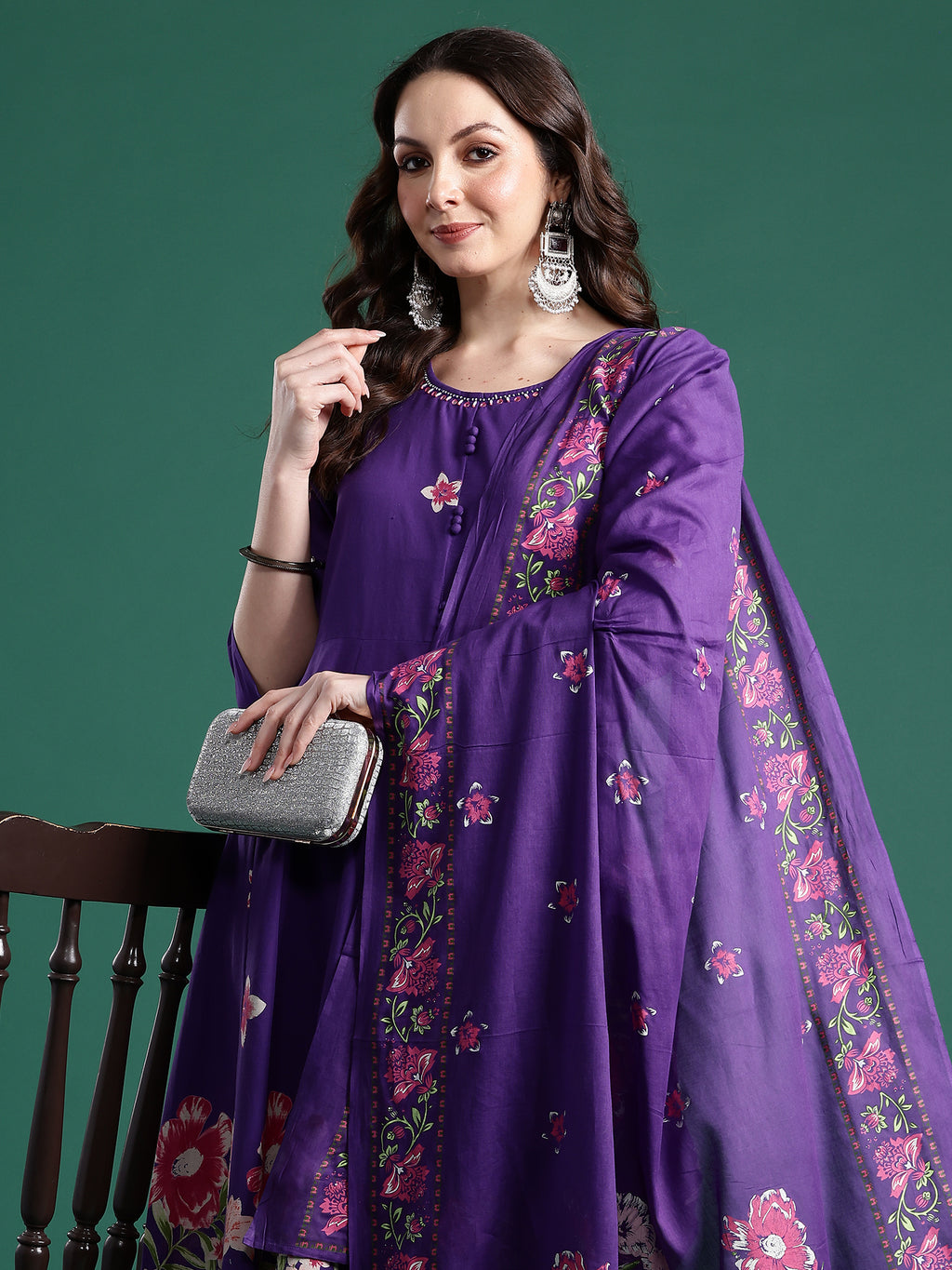 Indo era Purple Printed Anarkali Kurta Trousers With Dupatta Set- IE
