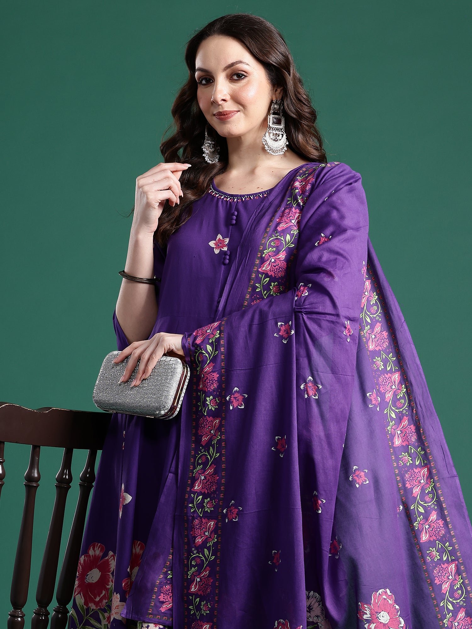 Indo era Purple Printed Anarkali Kurta Trousers With Dupatta Set- IE
