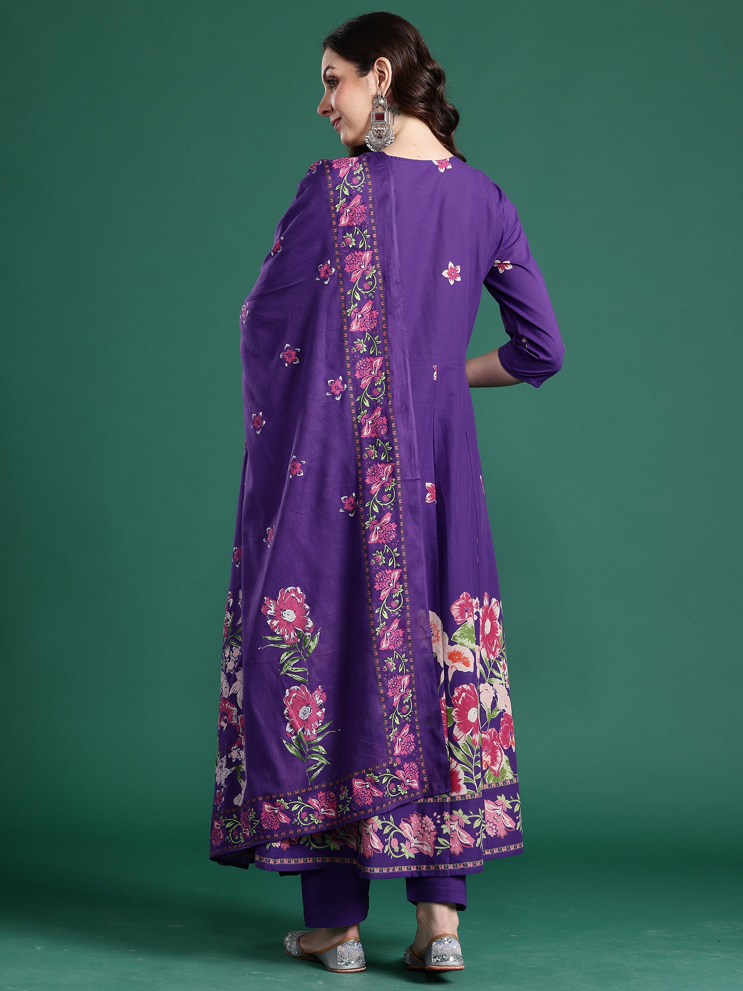 Indo era Purple Printed Anarkali Kurta Trousers With Dupatta Set- IE