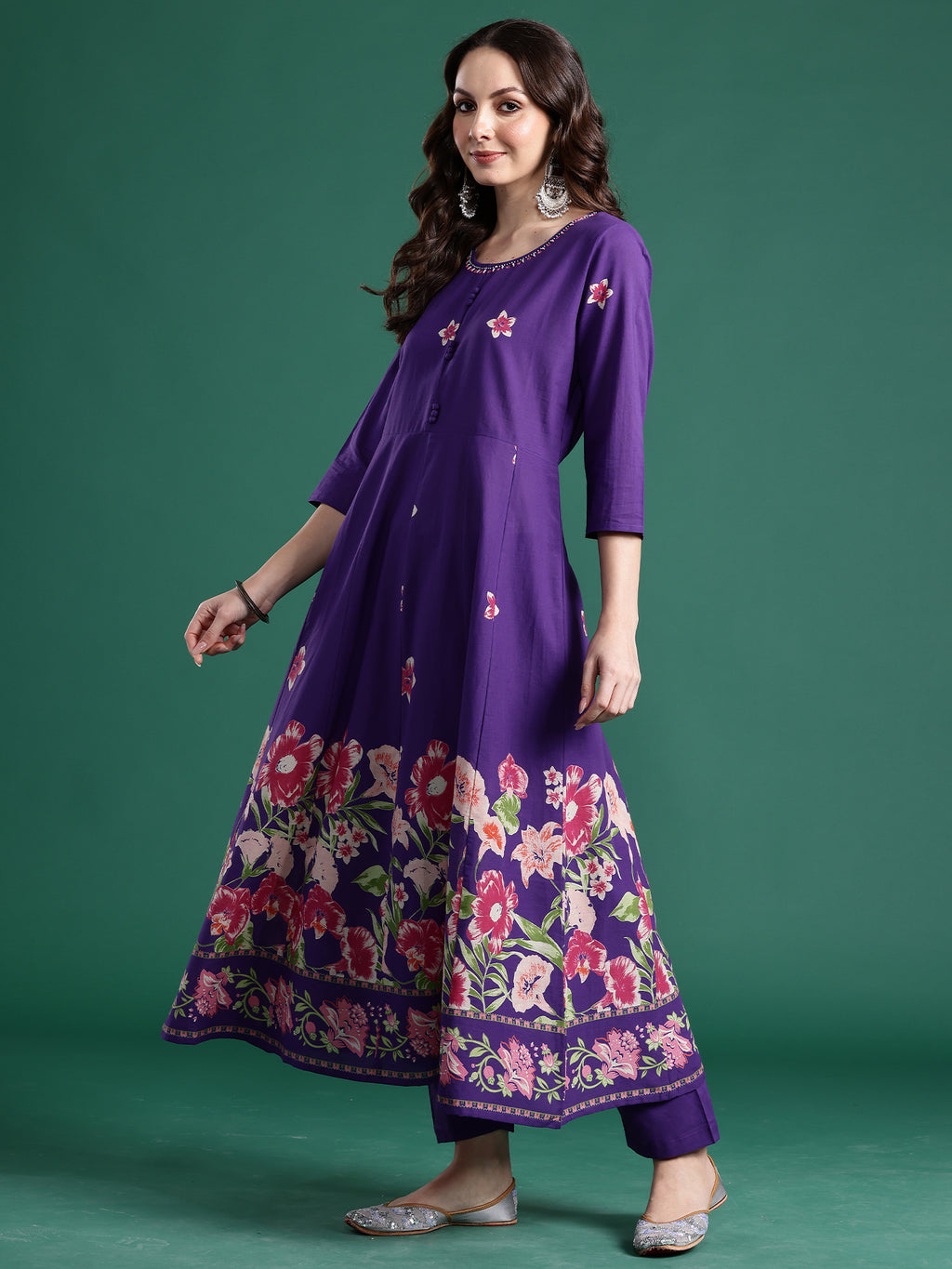 Indo era Purple Printed Anarkali Kurta Trousers With Dupatta Set- IE