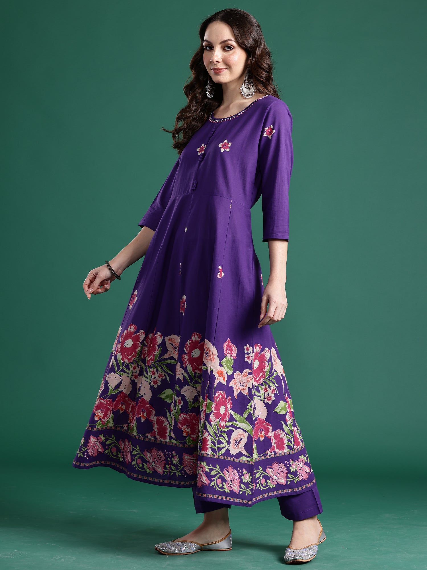 Indo era Purple Printed Anarkali Kurta Trousers With Dupatta Set- IE