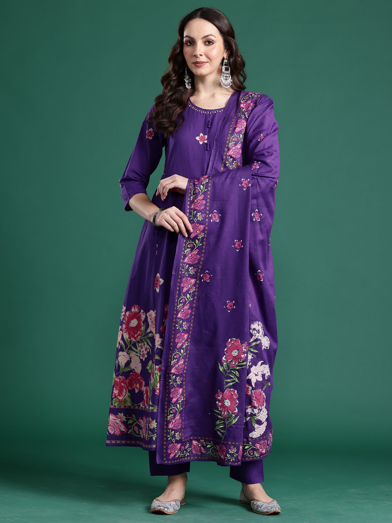 Indo era Purple Printed Anarkali Kurta Trousers With Dupatta Set- IE