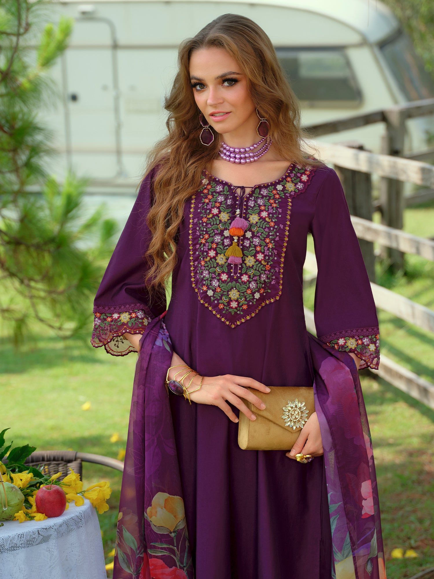 Indo Era Purple Embroidered A-Line Kurta Trousers With Dupatta Set- IE