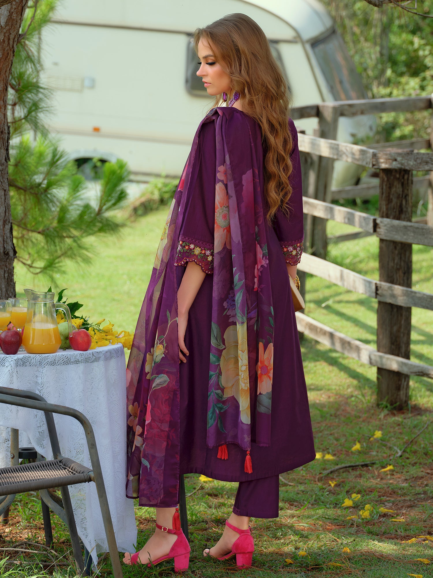 Indo Era Purple Embroidered A-Line Kurta Trousers With Dupatta Set- IE