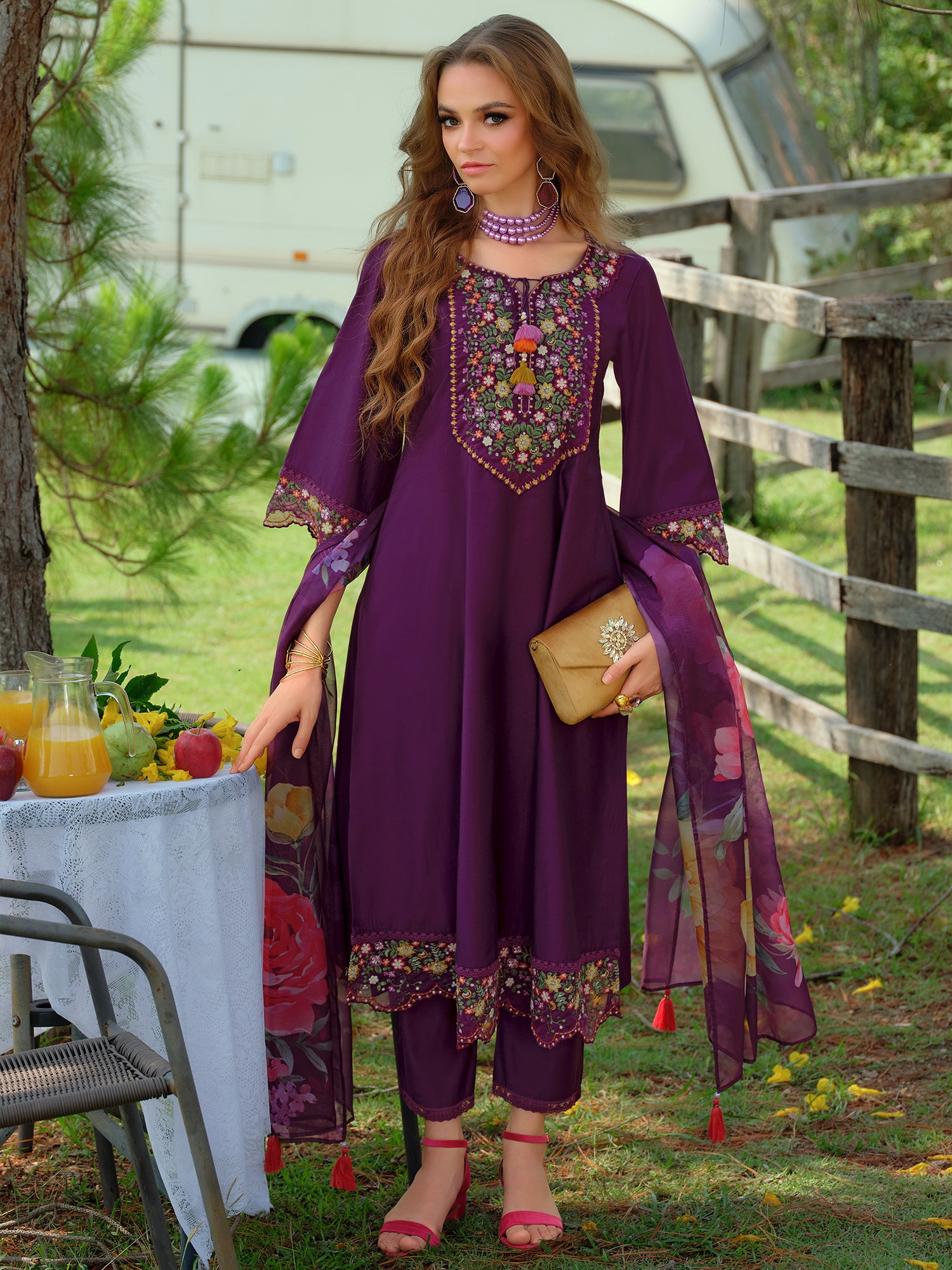 Indo Era Purple Embroidered A-Line Kurta Trousers With Dupatta Set- IE