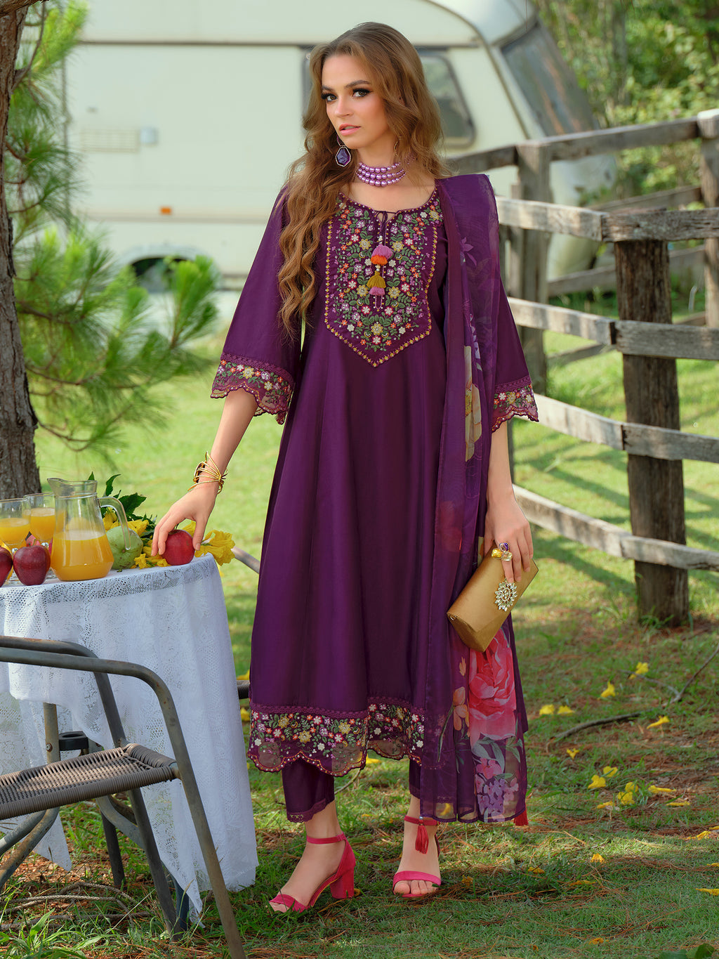 Indo Era Purple Embroidered A-Line Kurta Trousers With Dupatta Set- IE