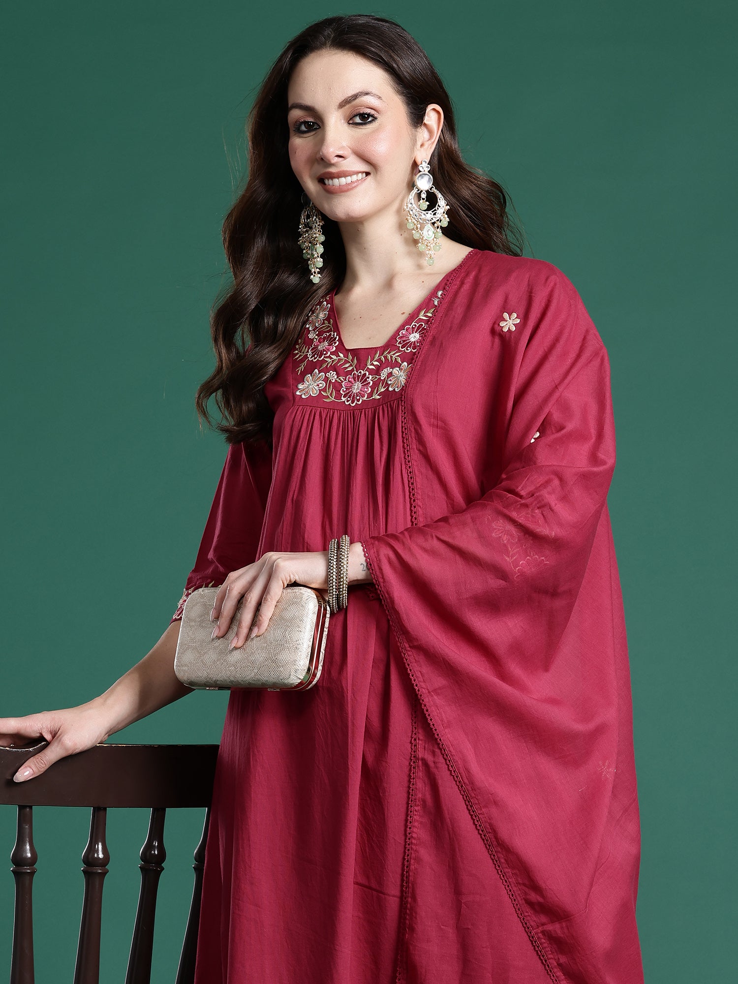 Indo Era Red Solid A-Line Kurta Trousers With Dupatta set- IE