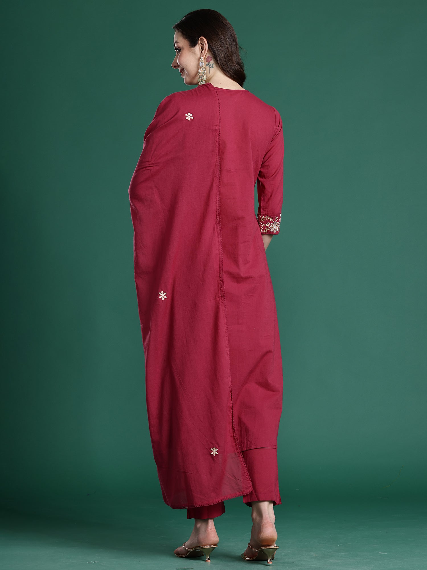Indo Era Red Solid A-Line Kurta Trousers With Dupatta set- IE