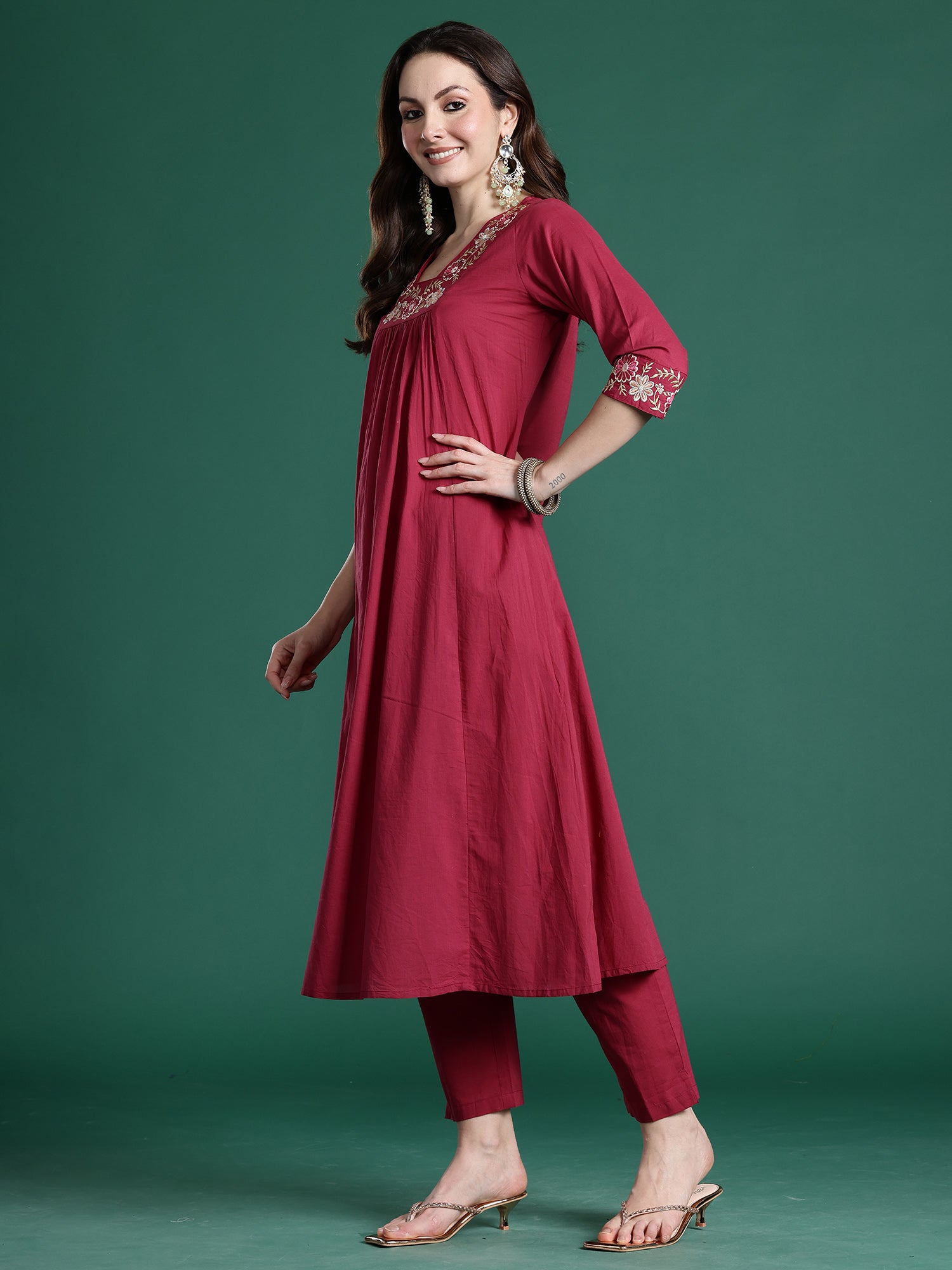 Indo Era Red Solid A-Line Kurta Trousers With Dupatta set- IE
