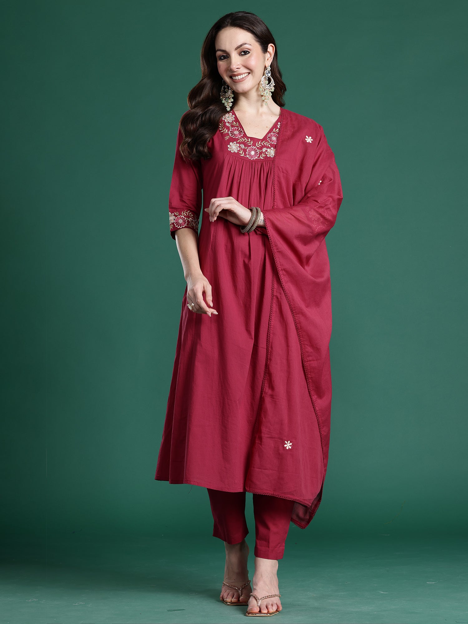 Indo Era Red Solid A-Line Kurta Trousers With Dupatta set- IE