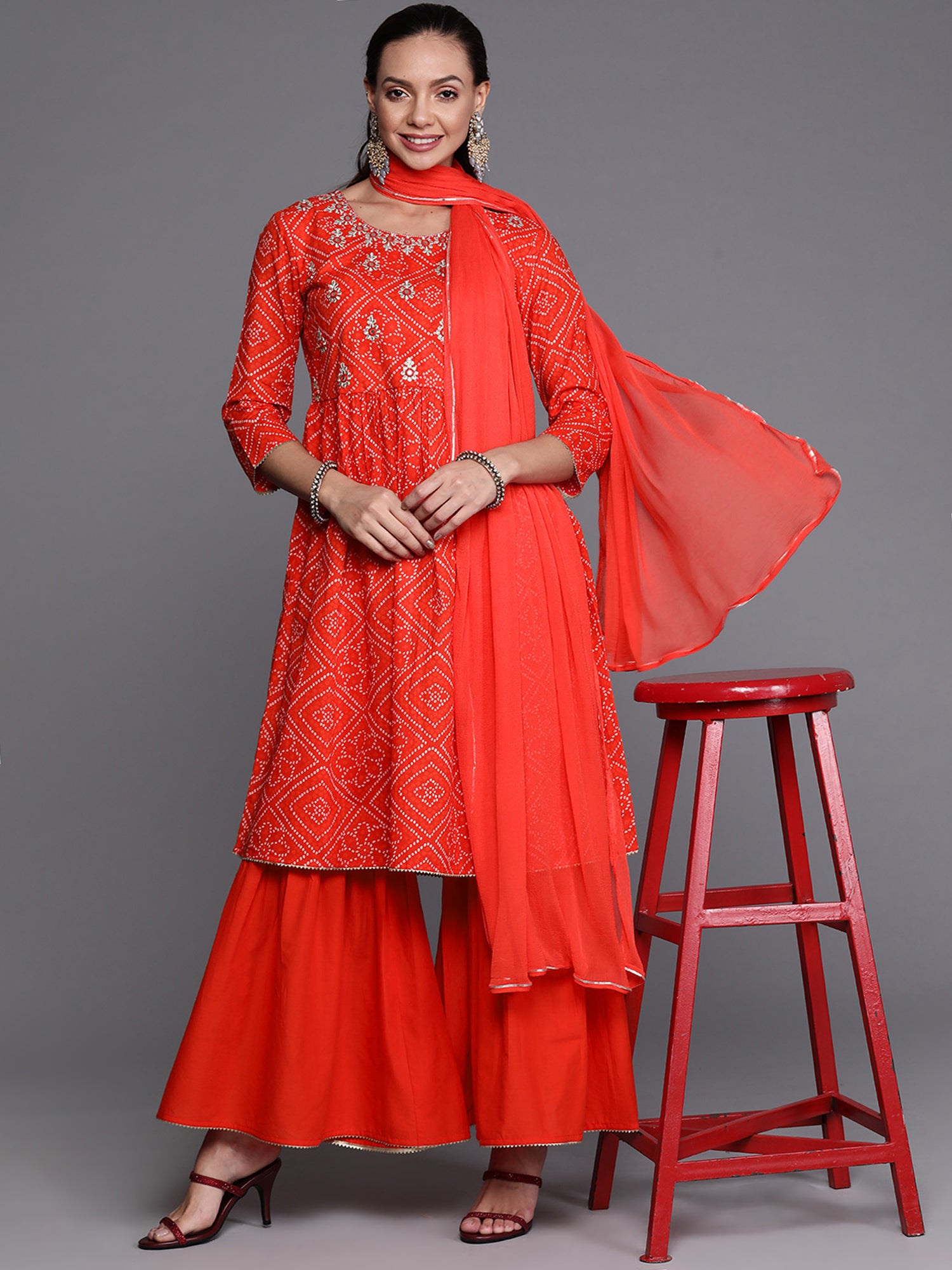 Red Sequinced A-line Kurta Sharara With Dupatta Set