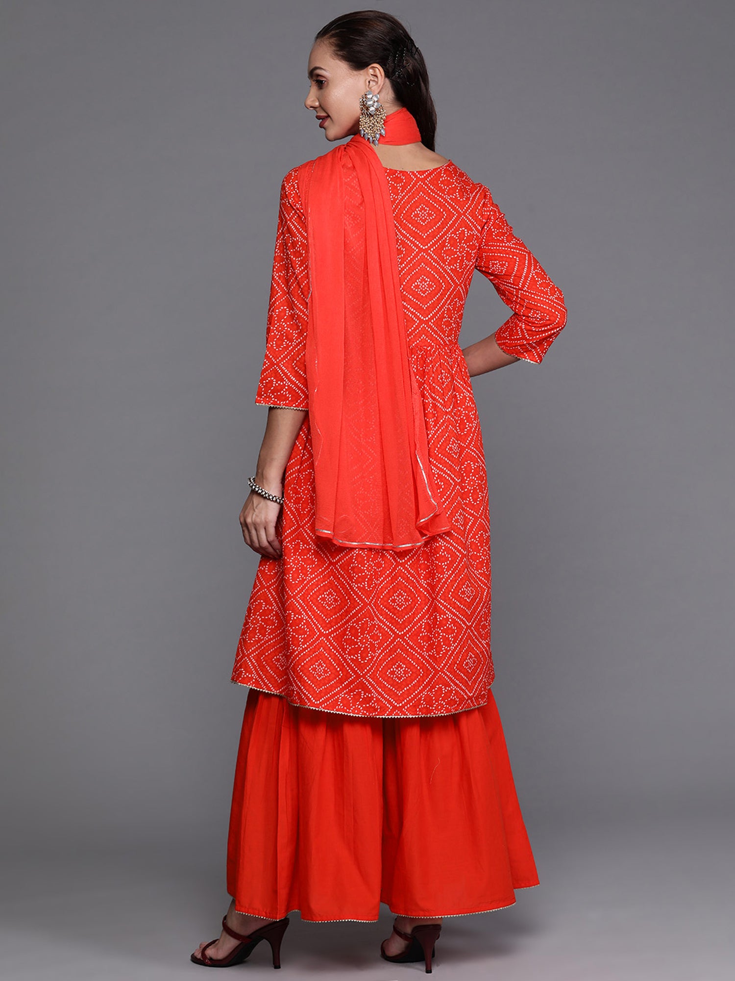 Red Sequinced A-line Kurta Sharara With Dupatta Set