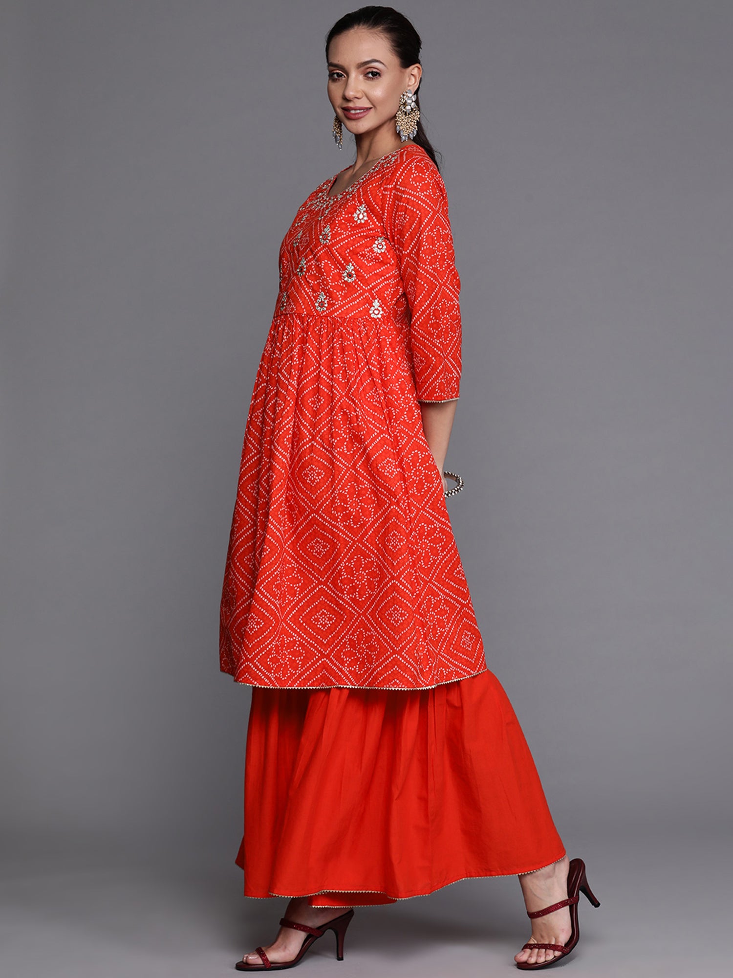 Red Sequinced A-line Kurta Sharara With Dupatta Set