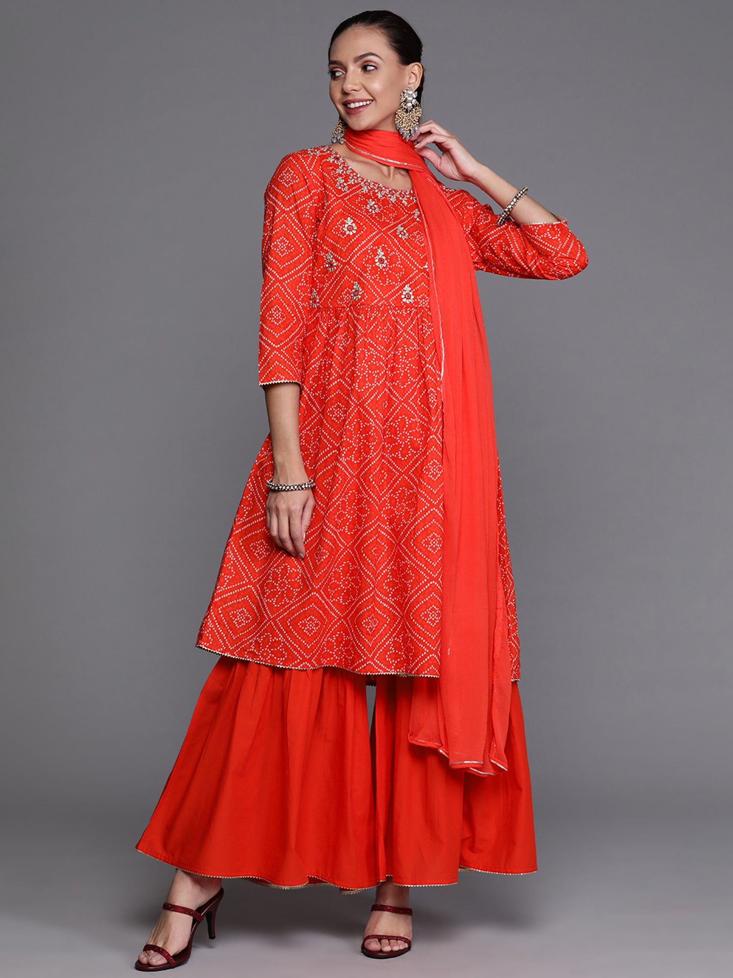 Red Sequinced A-line Kurta Sharara With Dupatta Set