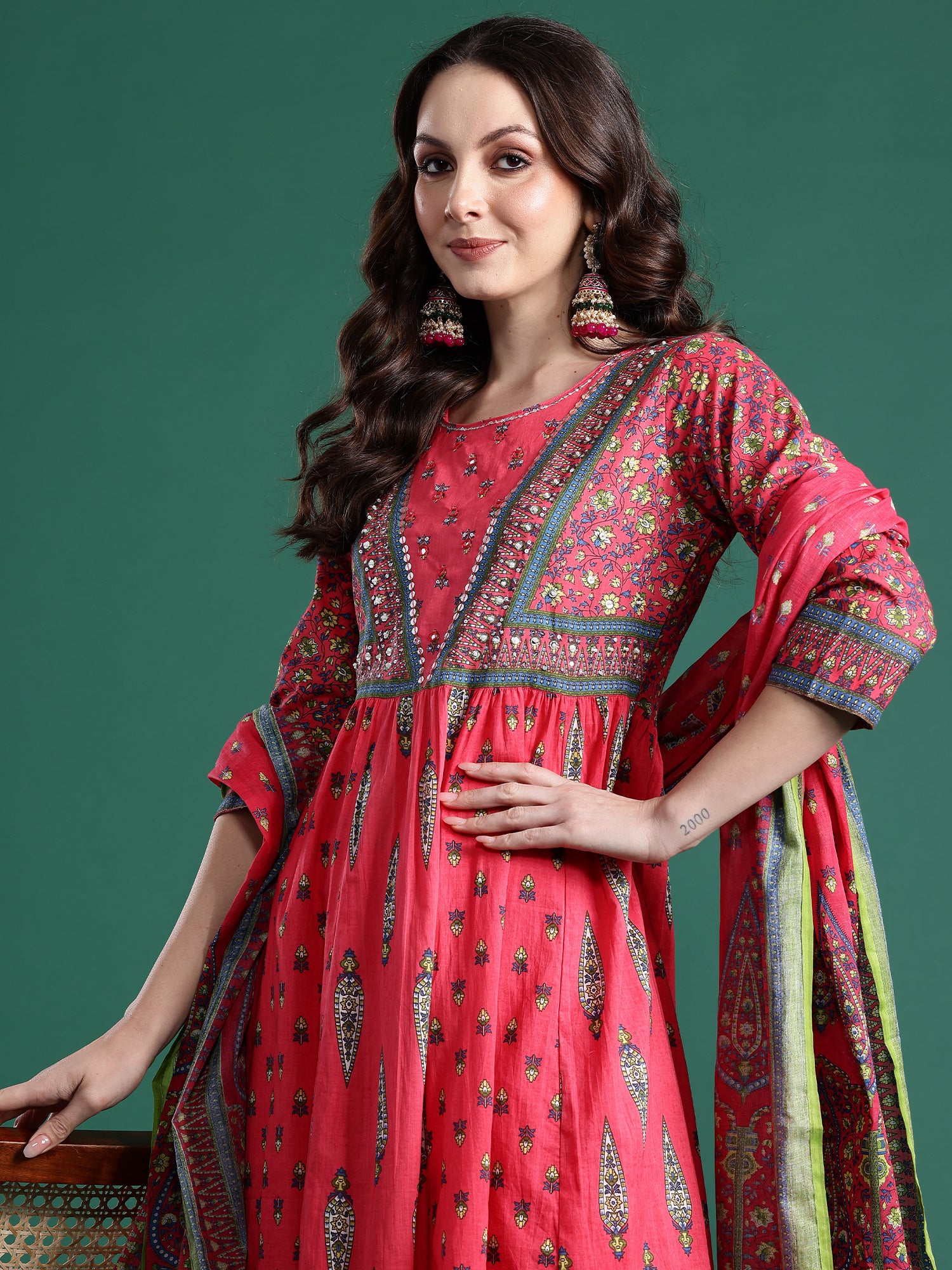 Indo Era Red Printed Anarkali Kurta Trousers With Dupatta Set- IE