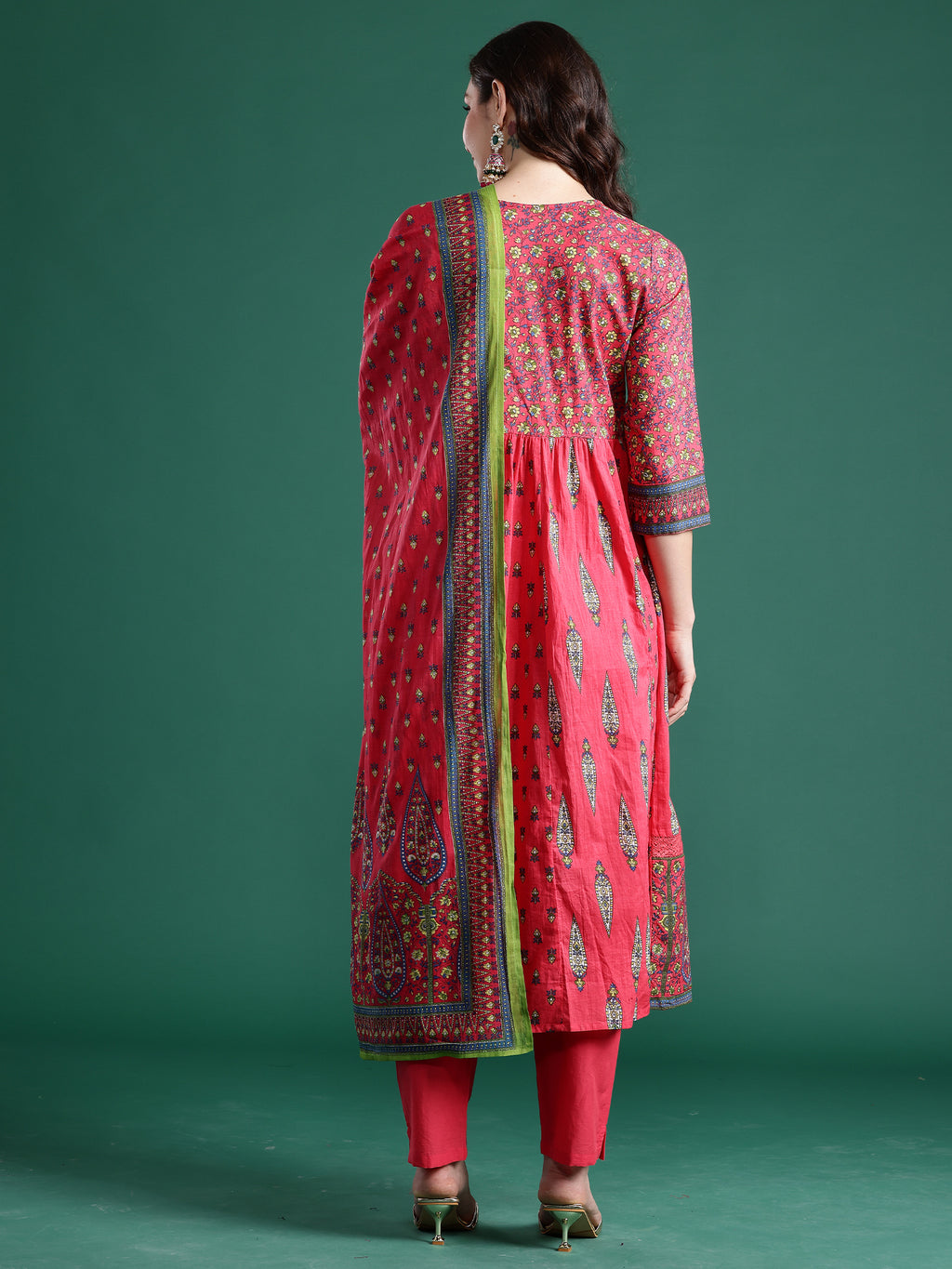 Indo Era Red Printed Anarkali Kurta Trousers With Dupatta Set- IE