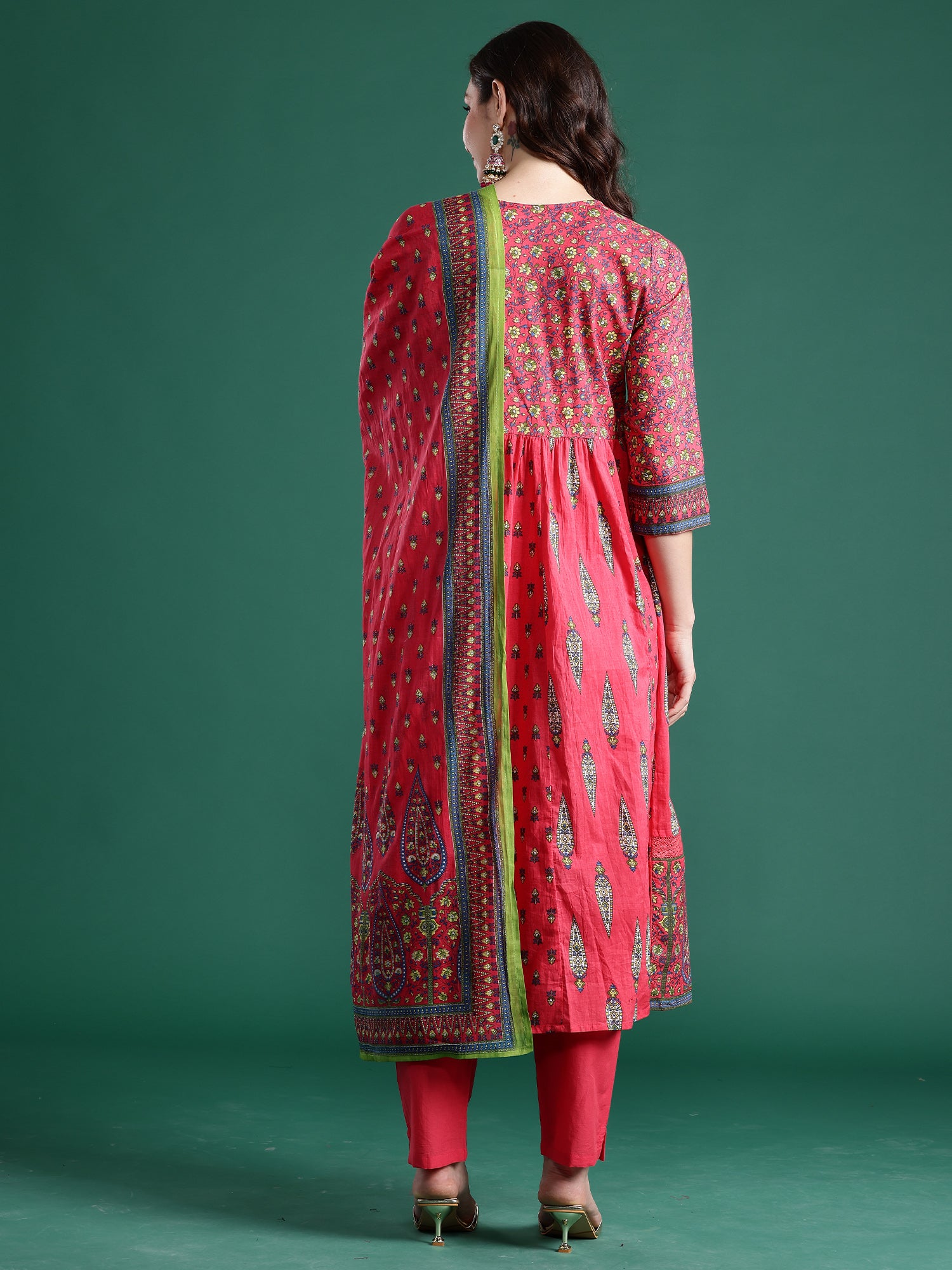 Indo Era Red Printed Anarkali Kurta Trousers With Dupatta Set- IE