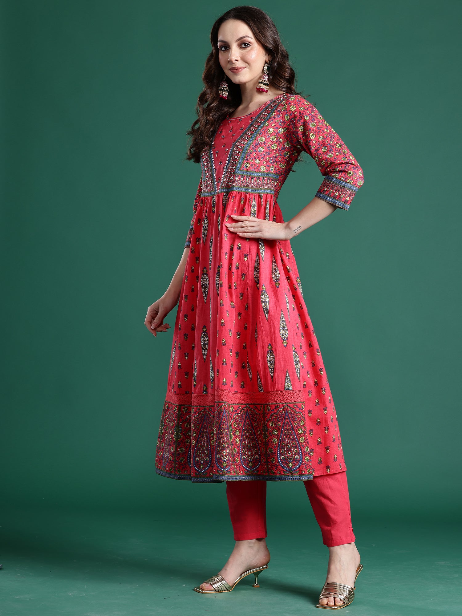 Indo Era Red Printed Anarkali Kurta Trousers With Dupatta Set- IE