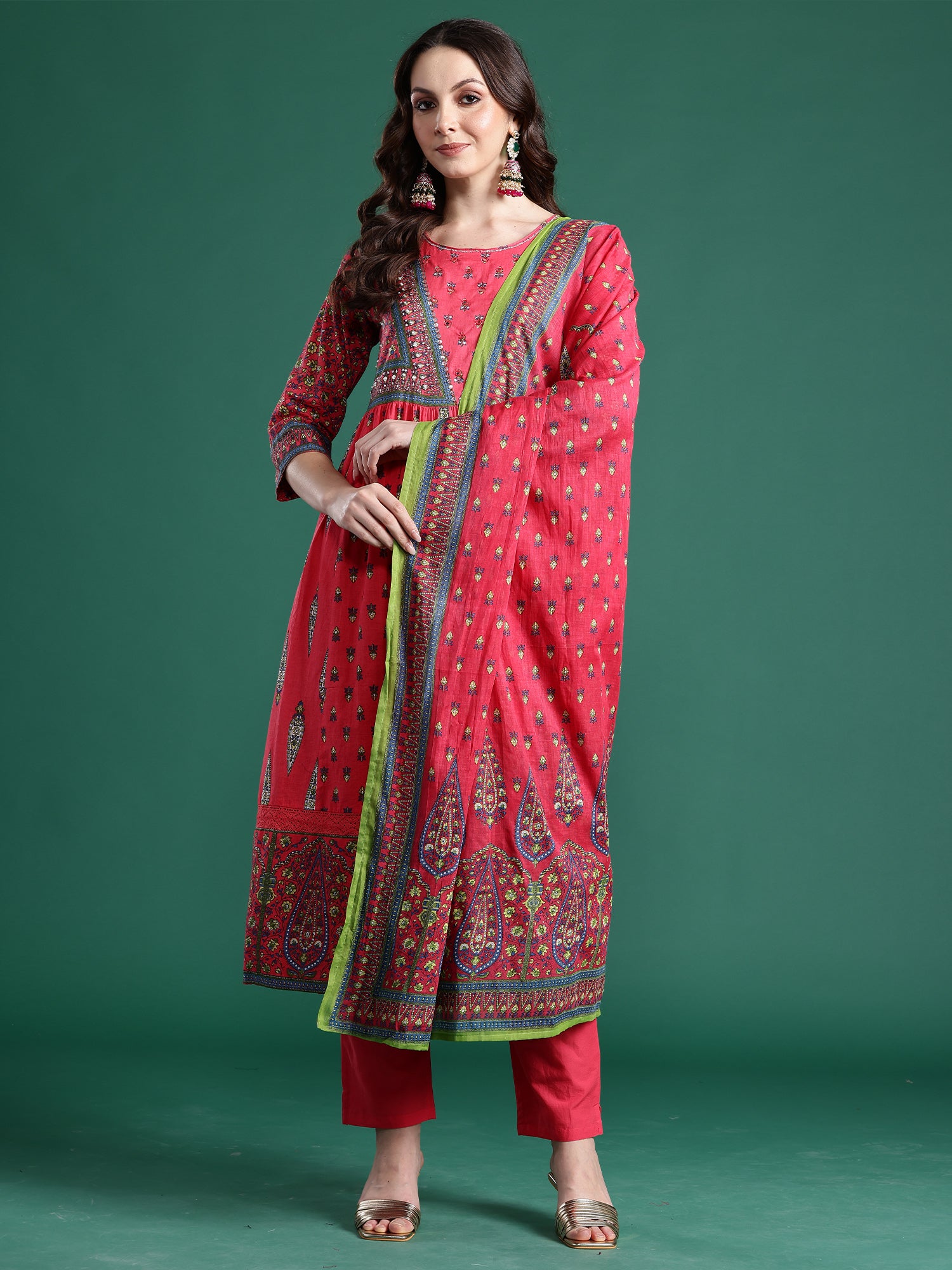 Indo Era Red Printed Anarkali Kurta Trousers With Dupatta Set- IE