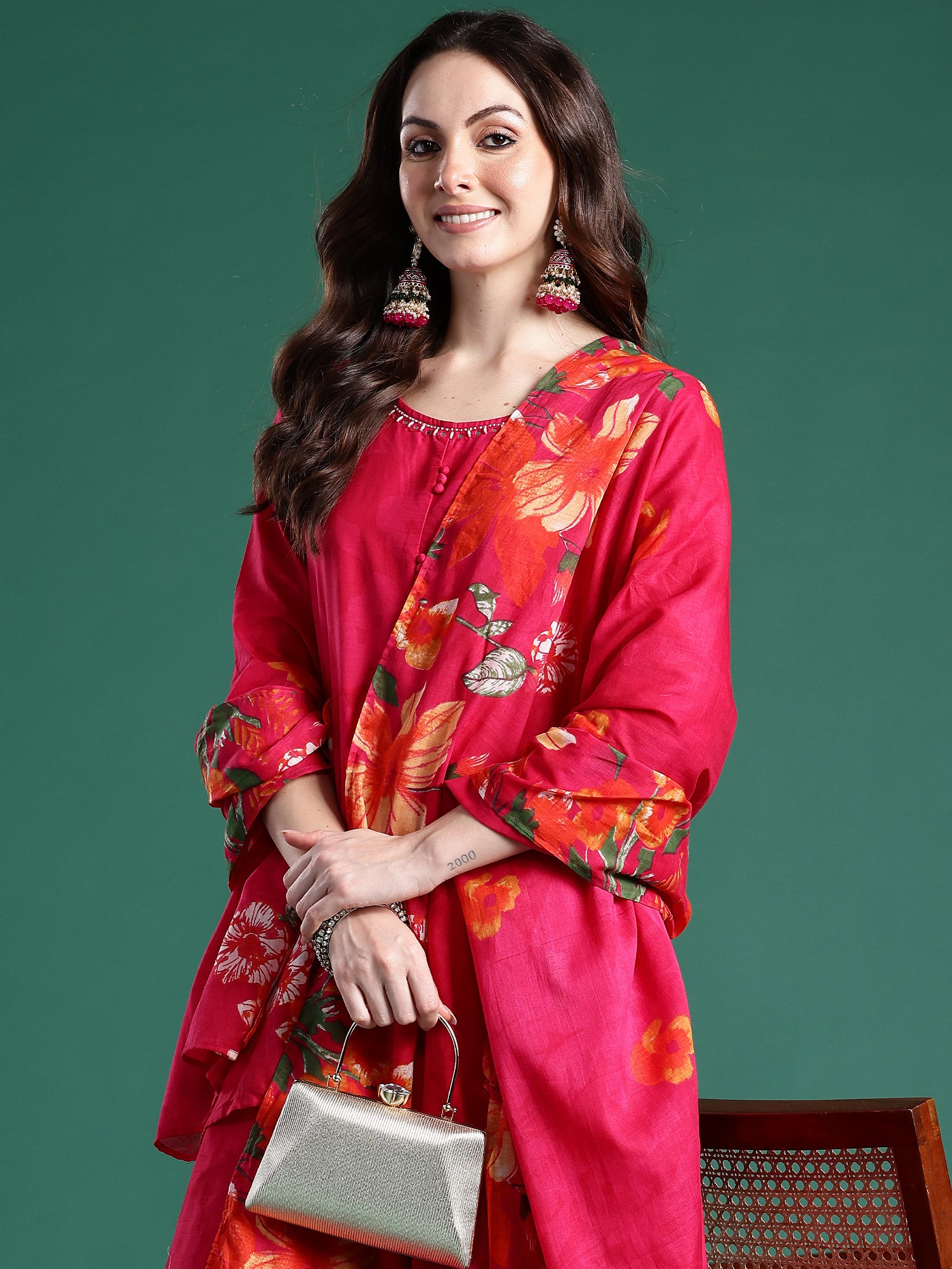 Indo era Pink Printed Anarkali Kurta Trousers With Dupatta Set- IE