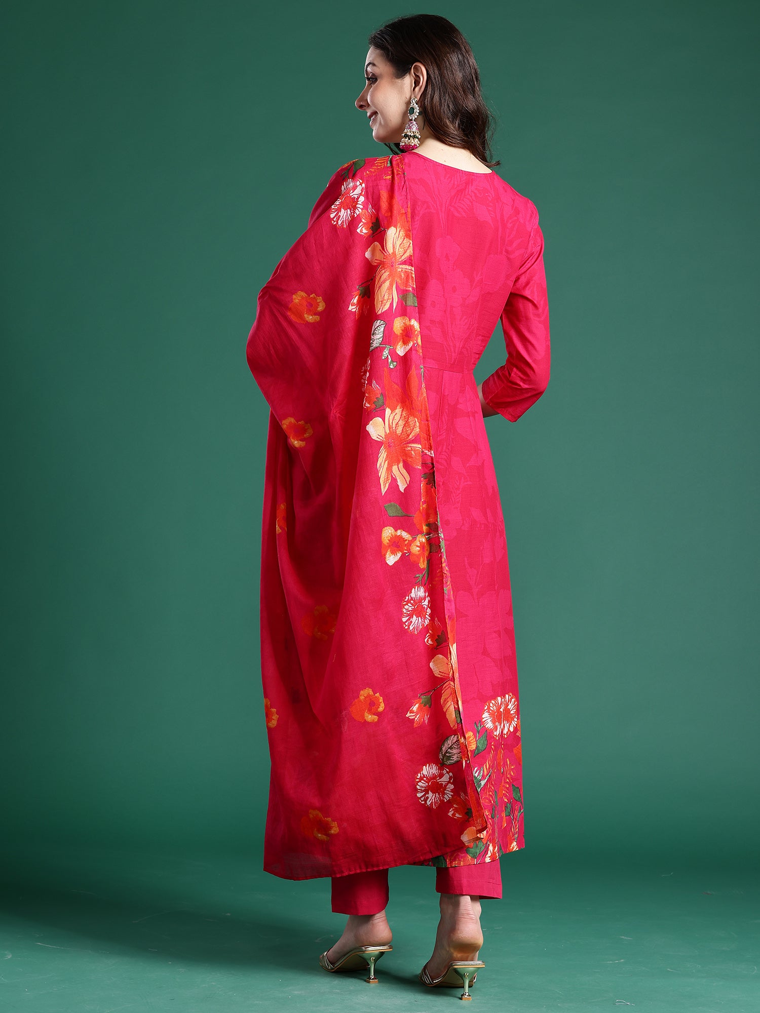 Indo era Pink Printed Anarkali Kurta Trousers With Dupatta Set- IE