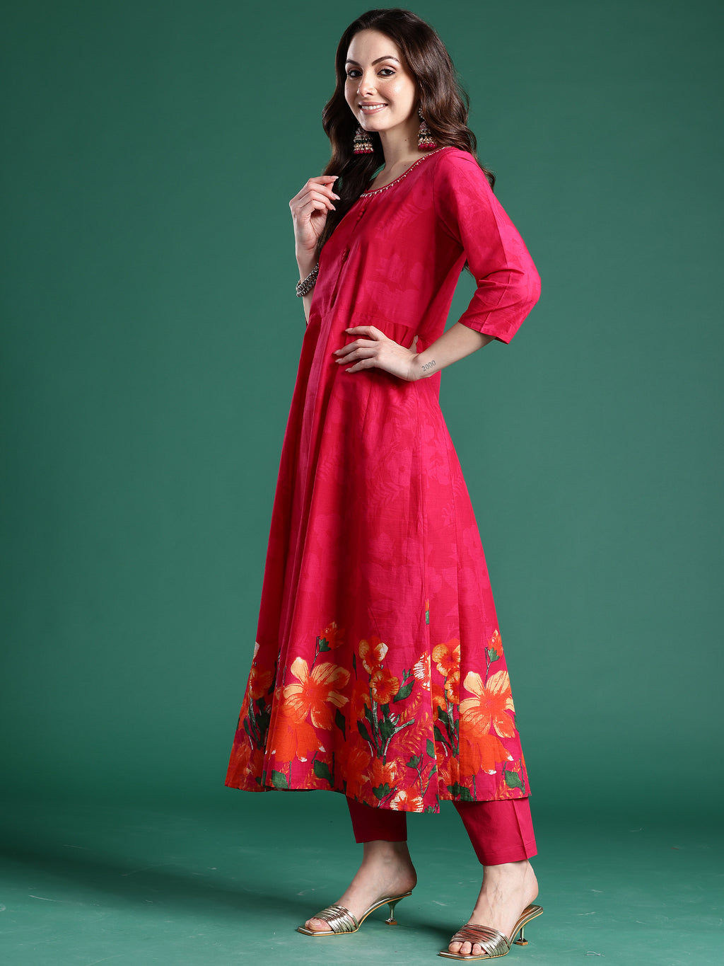 Indo era Pink Printed Anarkali Kurta Trousers With Dupatta Set- IE
