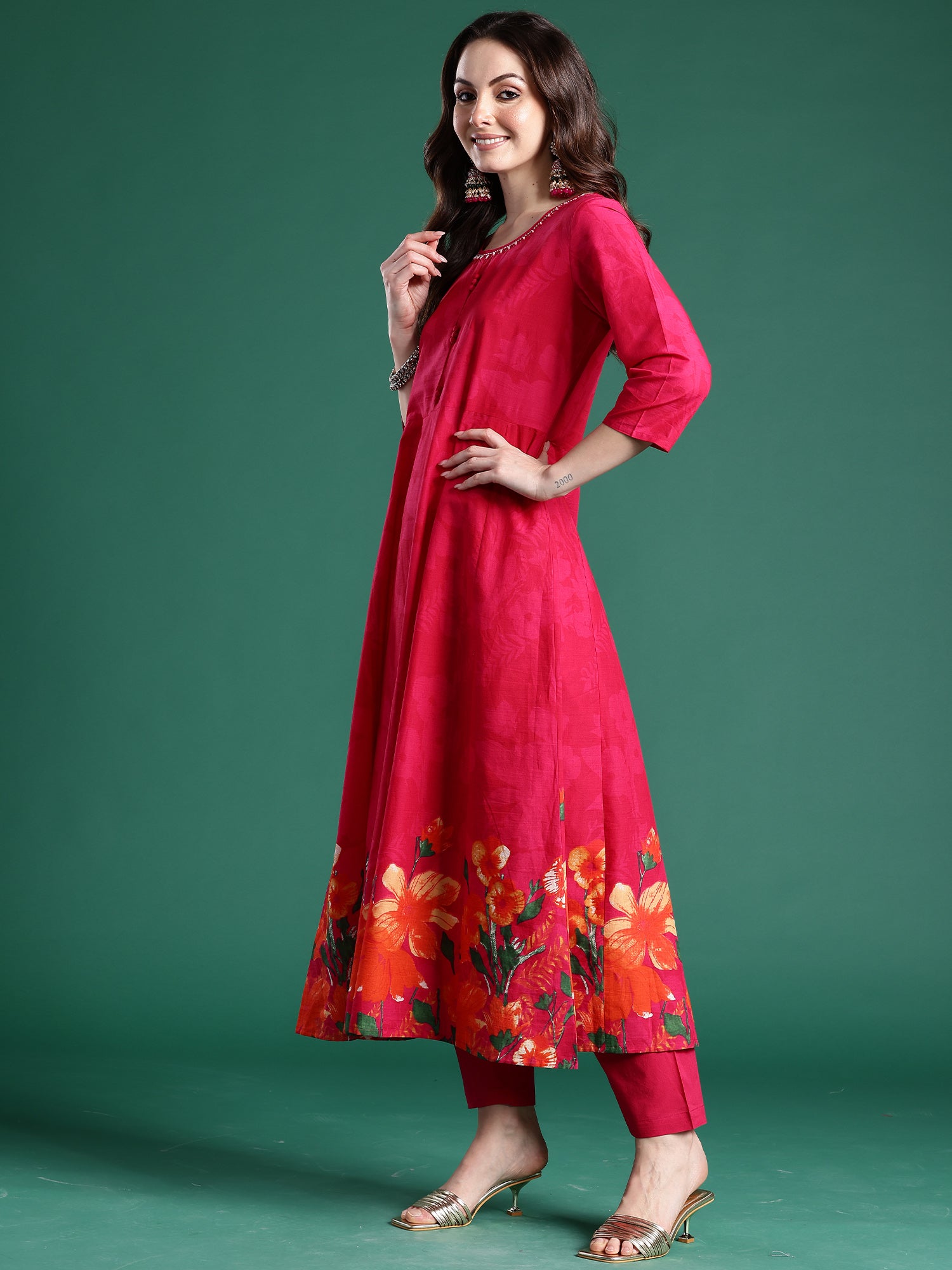 Indo era Pink Printed Anarkali Kurta Trousers With Dupatta Set- IE