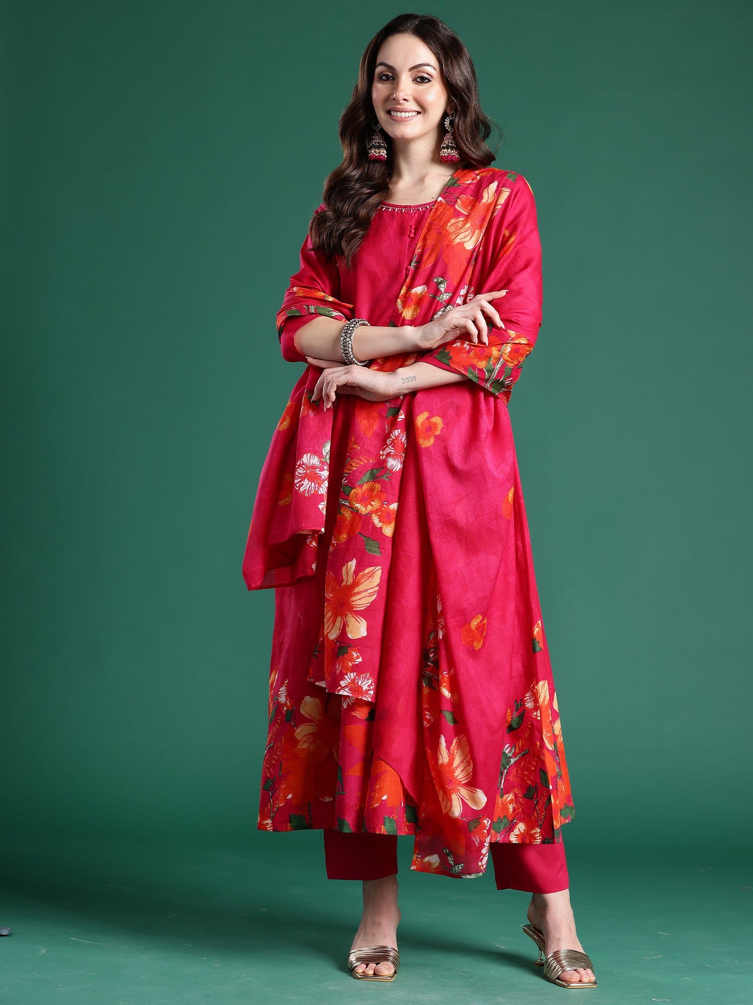 Indo era Pink Printed Anarkali Kurta Trousers With Dupatta Set- IE