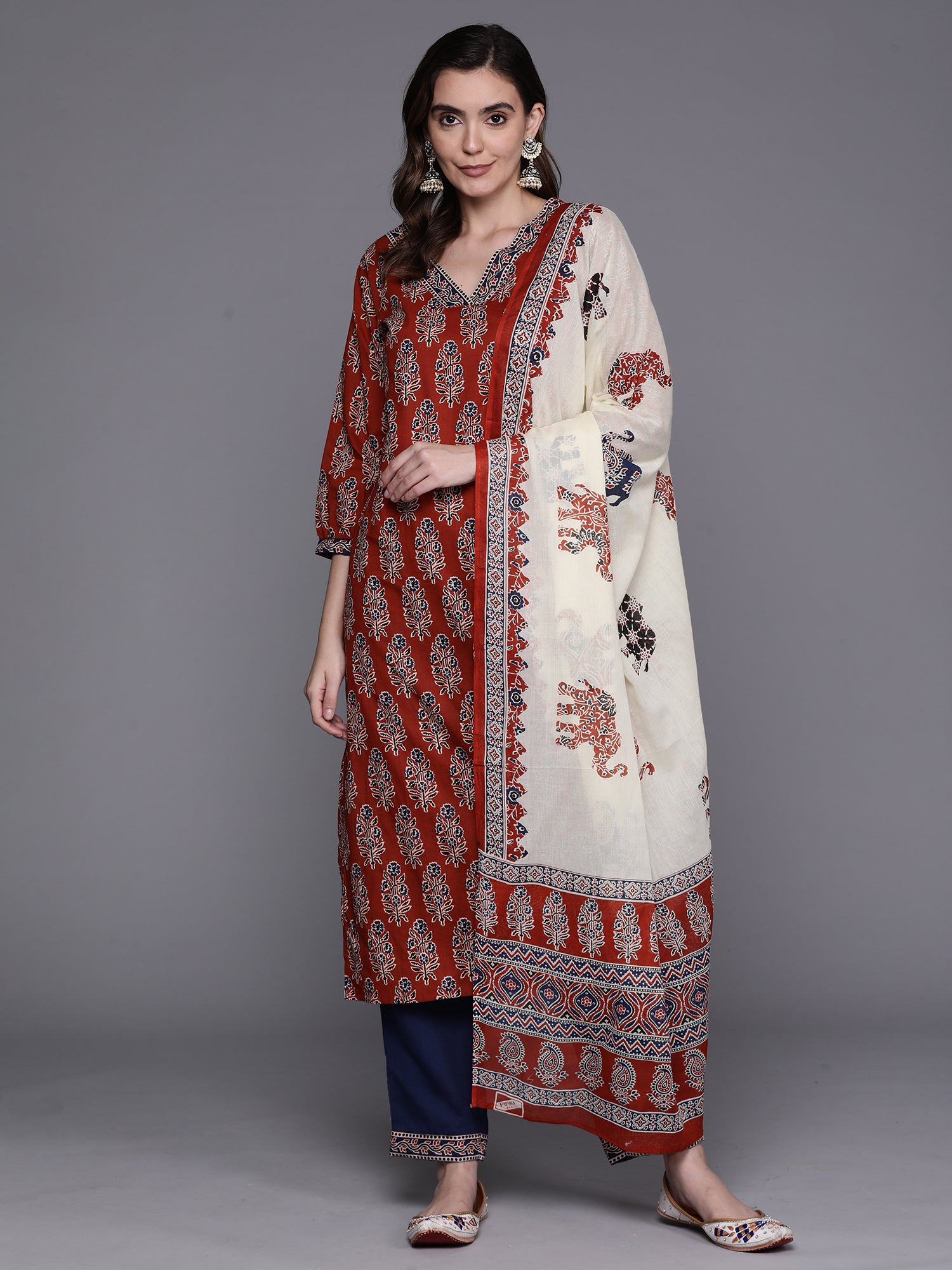 Rust Printed Straight Kurta Trousers With Dupatta Set