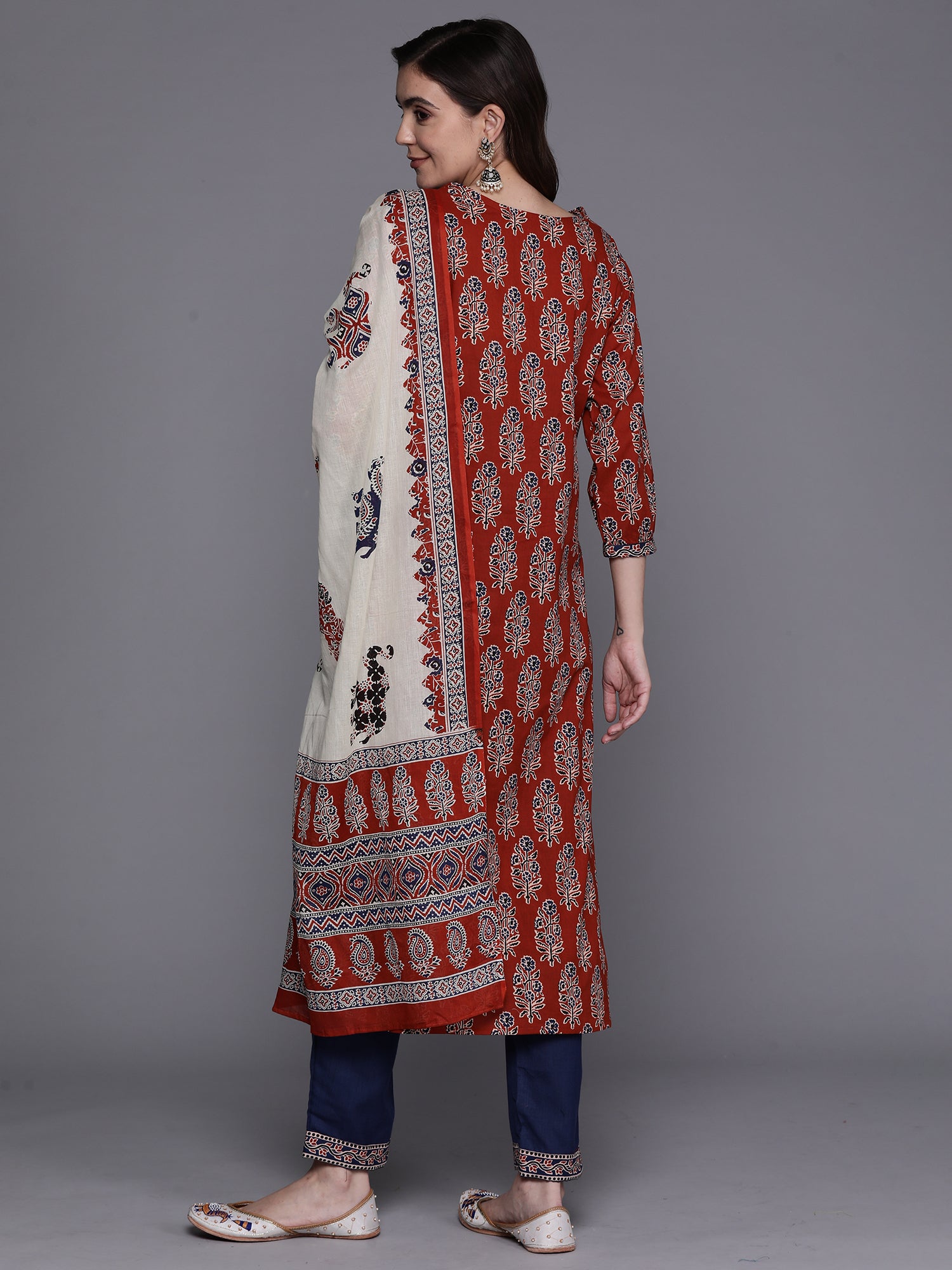 Rust Printed Straight Kurta Trousers With Dupatta Set